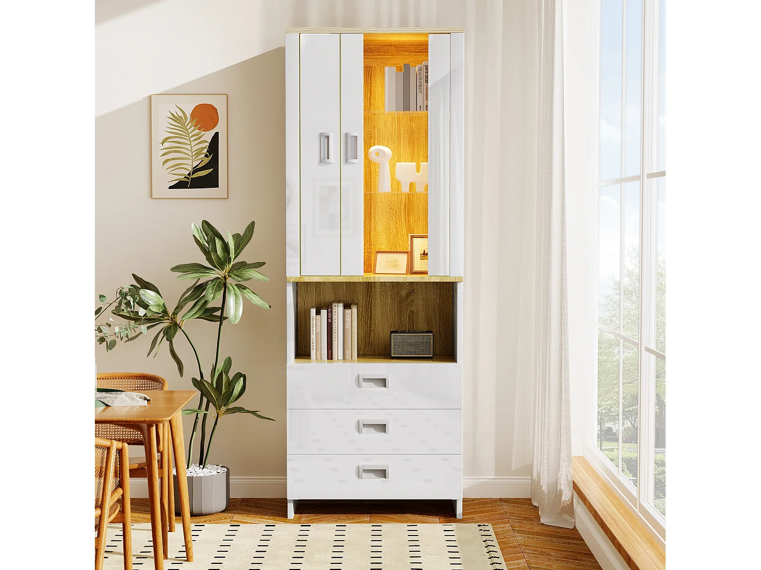 Vitrine met 2 deuren, 3 lades en een vak - 65 x 35 x 181,5 cm - LED's - MDF en spaanplaat - Wit