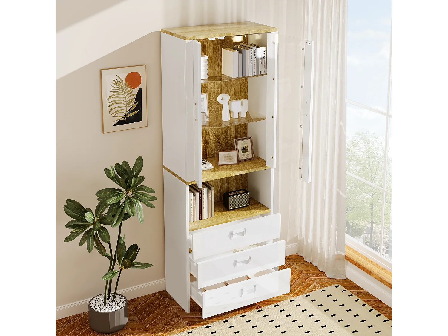 Vitrine met 2 deuren, 3 lades en een vak - 65 x 35 x 181,5 cm - LED's - MDF en spaanplaat - Wit