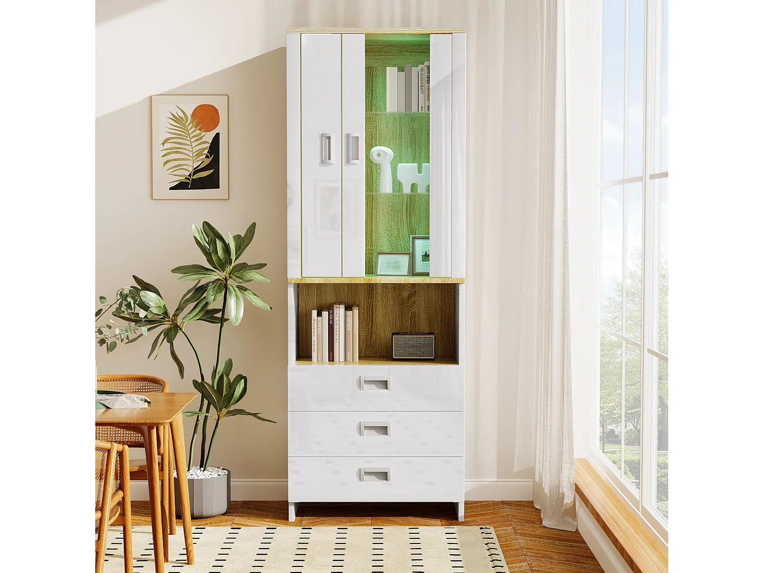 Vitrine met 2 deuren, 3 lades en een vak - 65 x 35 x 181,5 cm - LED's - MDF en spaanplaat - Wit