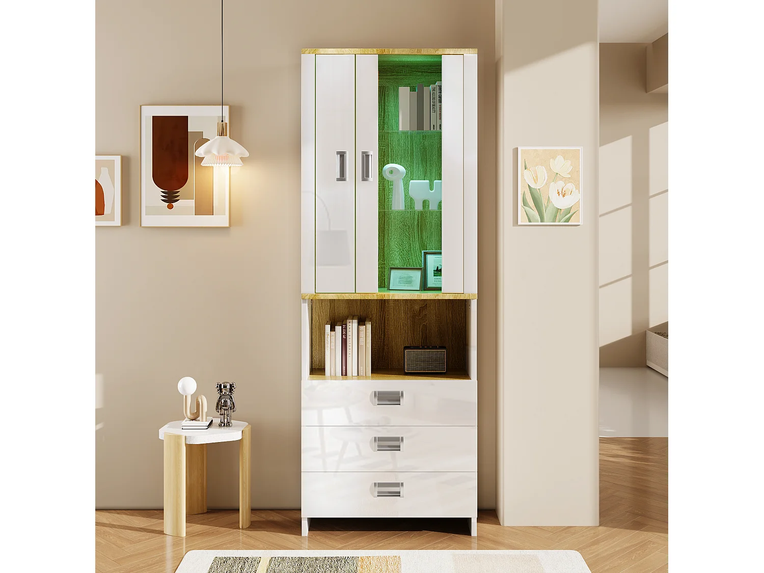 Vitrine met 2 deuren, 3 lades en een vak - 65 x 35 x 181,5 cm - LED's - MDF en spaanplaat - Wit