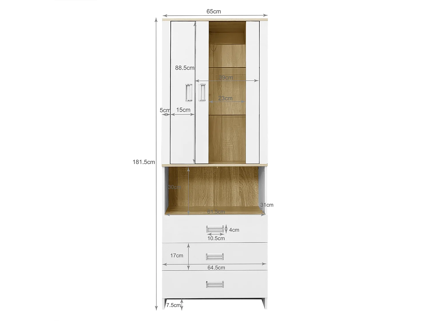 Vitrine met 2 deuren, 3 lades en een vak - 65 x 35 x 181,5 cm - LED's - MDF en spaanplaat - Wit
