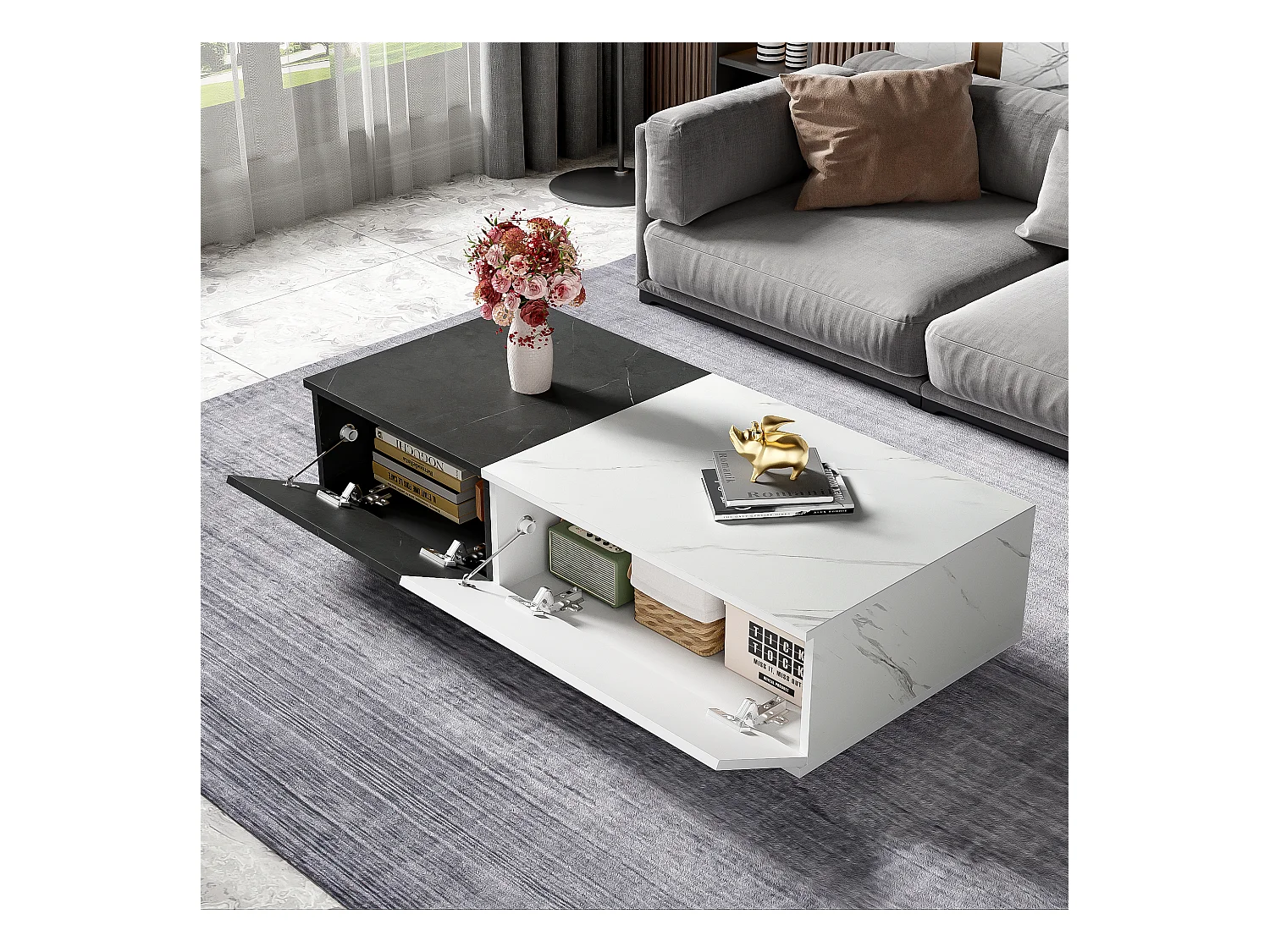 Table basse avec 2 portes - 110 L x 50 l x 28 H cm - panneaux de particules - aspect marbre - blanc et noir