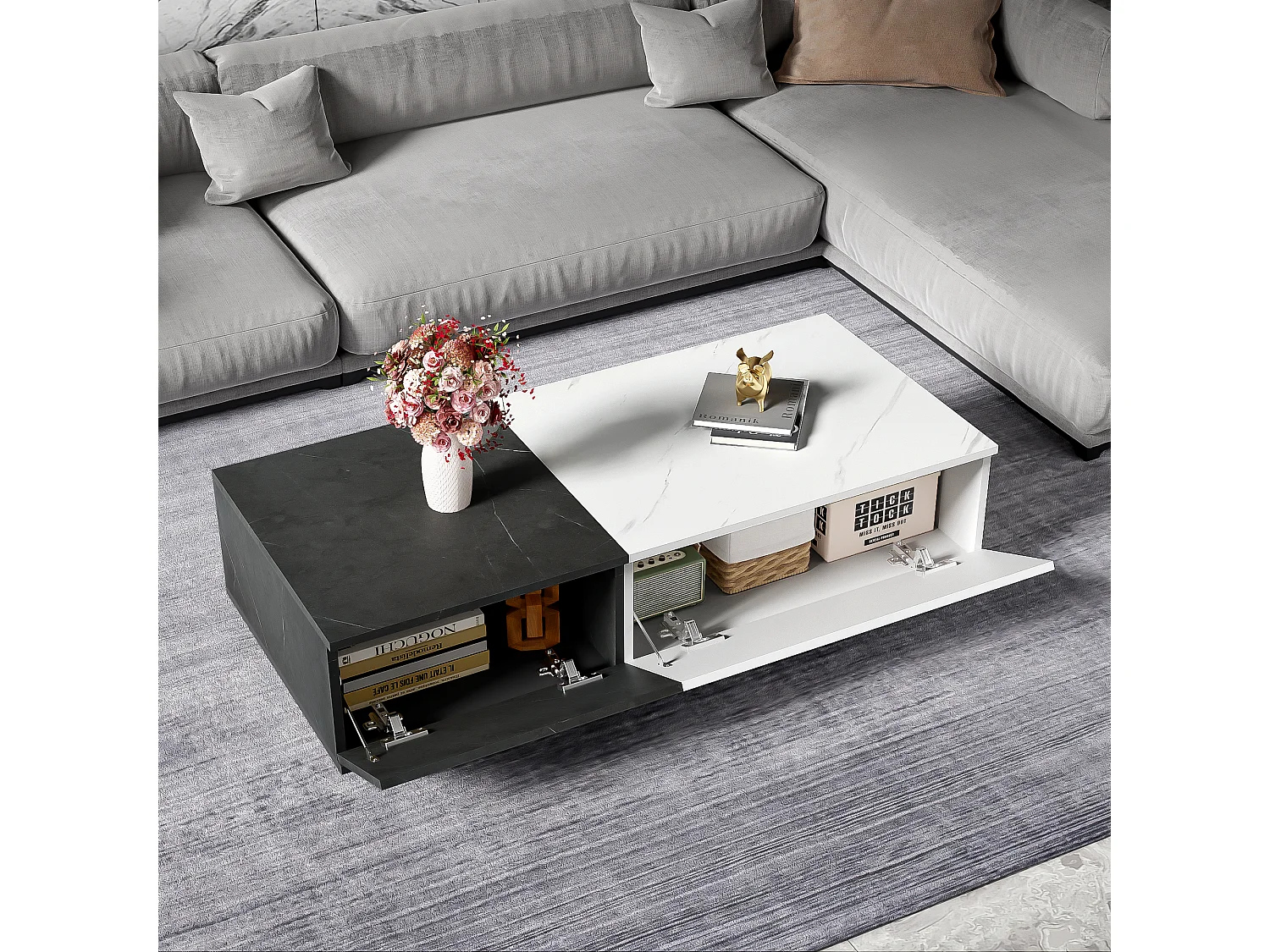 Salontafel met 2 deuren - 110 L x 50 B x 28 H cm - spaanplaat - marmerlook - wit en zwart