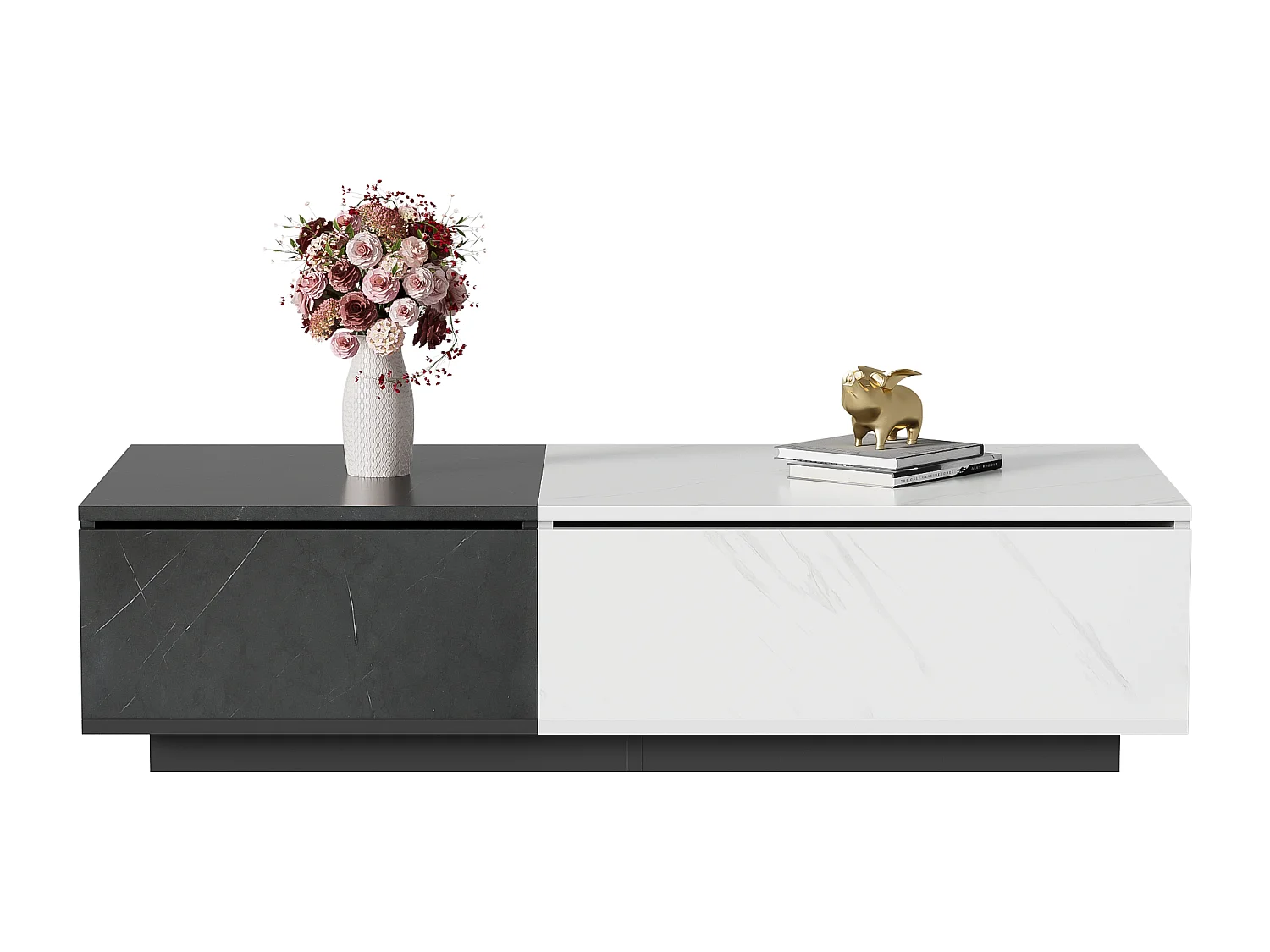 Salontafel met 2 deuren - 110 L x 50 B x 28 H cm - spaanplaat - marmerlook - wit en zwart