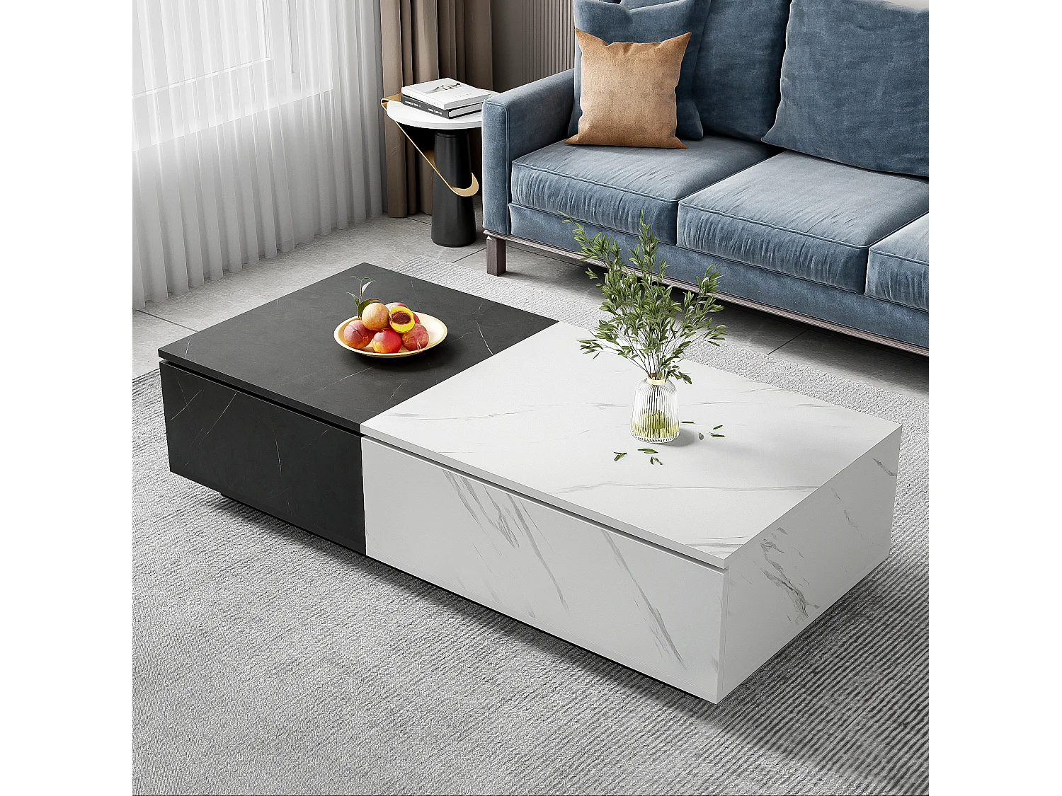 Salontafel met 2 deuren - 110 L x 50 B x 28 H cm - spaanplaat - marmerlook - wit en zwart