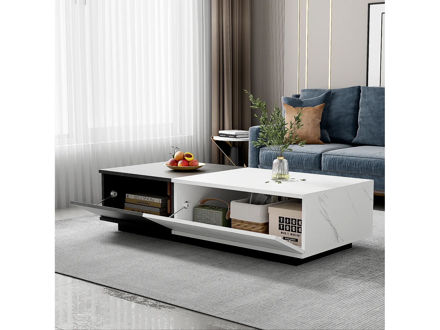 Salontafel met 2 deuren - 110 L x 50 B x 28 H cm - spaanplaat - marmerlook - wit en zwart