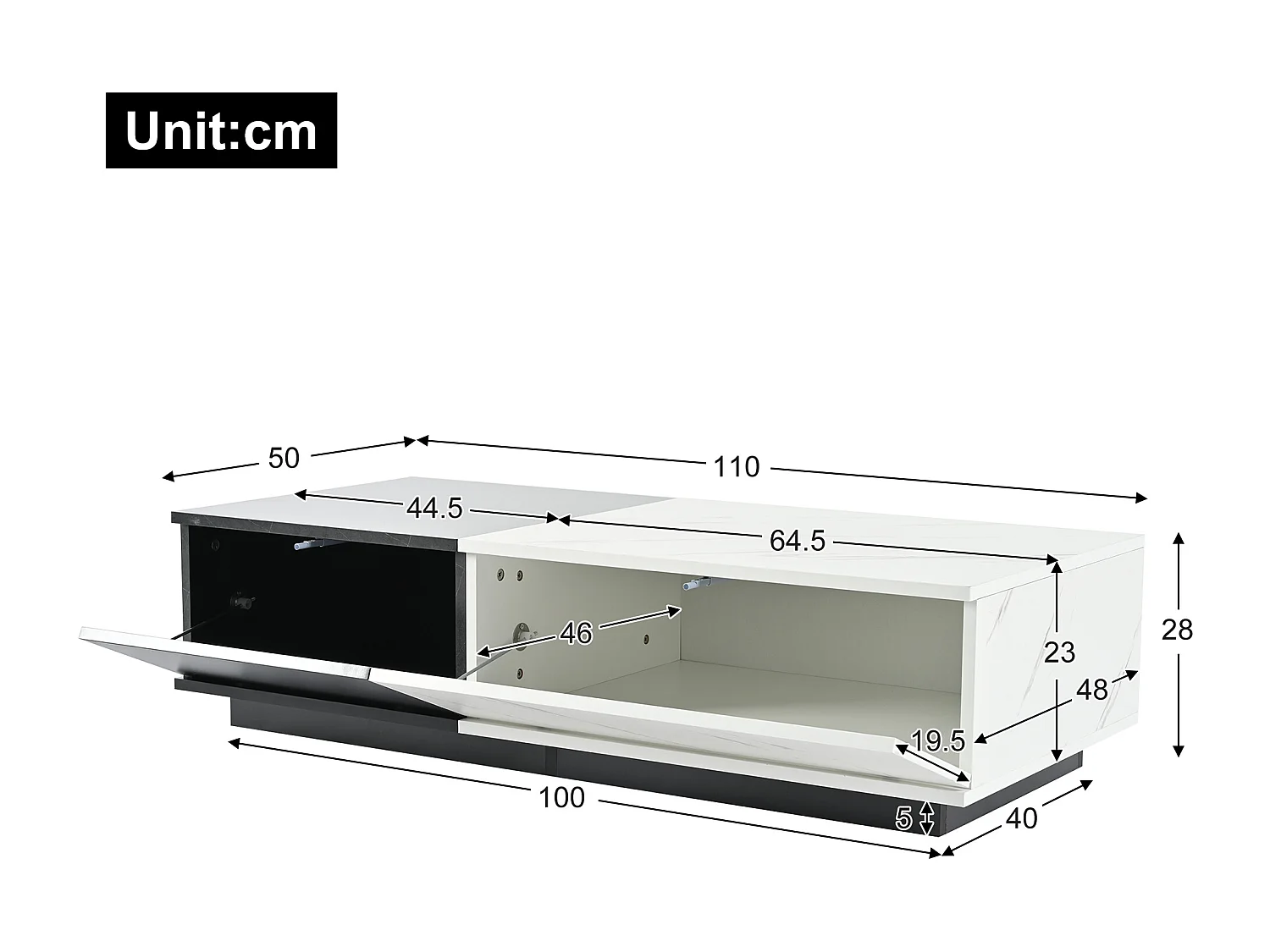 Salontafel met 2 deuren - 110 L x 50 B x 28 H cm - spaanplaat - marmerlook - wit en zwart