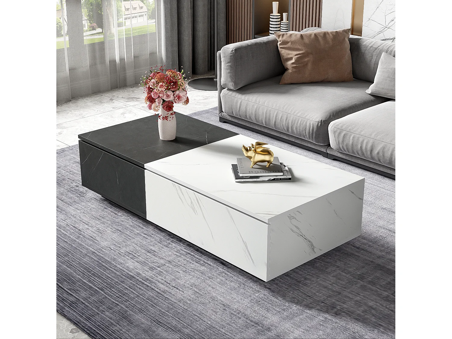 Table basse avec 2 portes - 110 L x 50 l x 28 H cm - panneaux de particules - aspect marbre - blanc et noir
