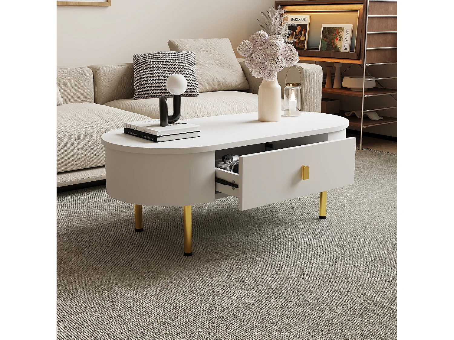 Table basse à 2 tiroirs - 108 x 50 x 40 cm - poignées et pieds dorés - bois MDF - blanc