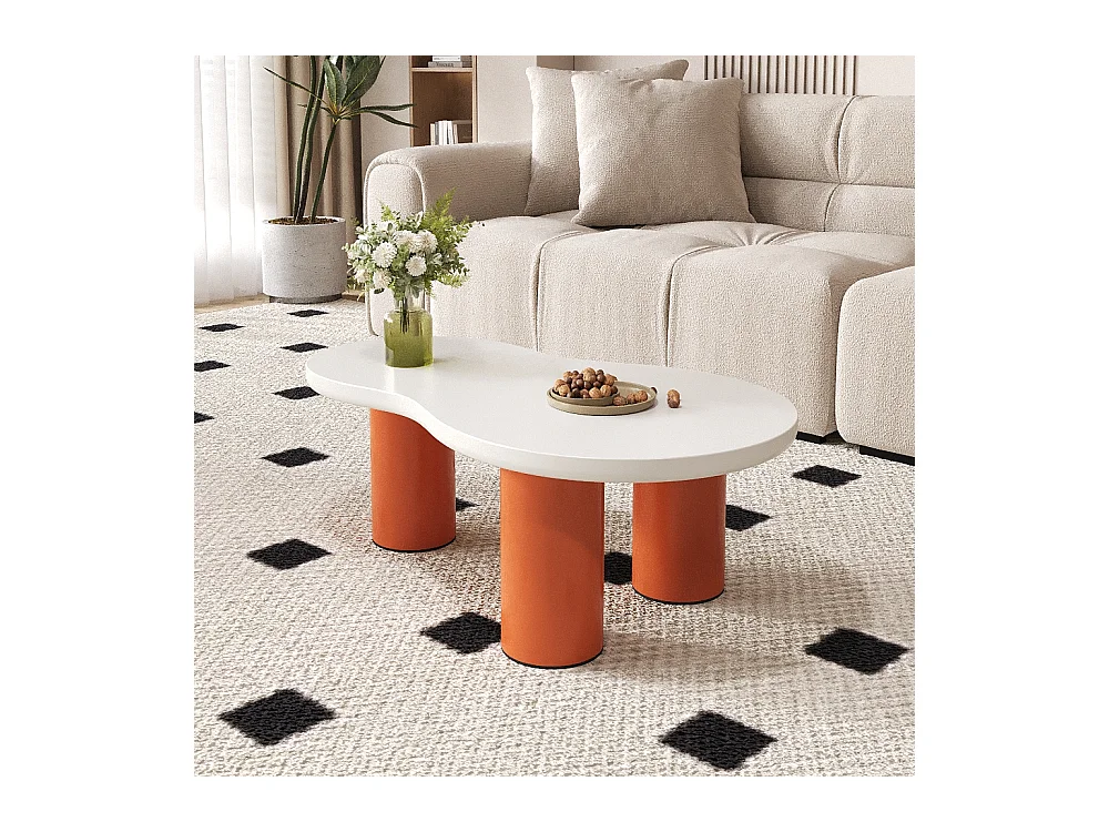 Tables basse en forme de nuage - L 99,5 x l 43-58 x H 35.5 cm - plateau en MDF peint et pieds en PVC - Blanc + orange