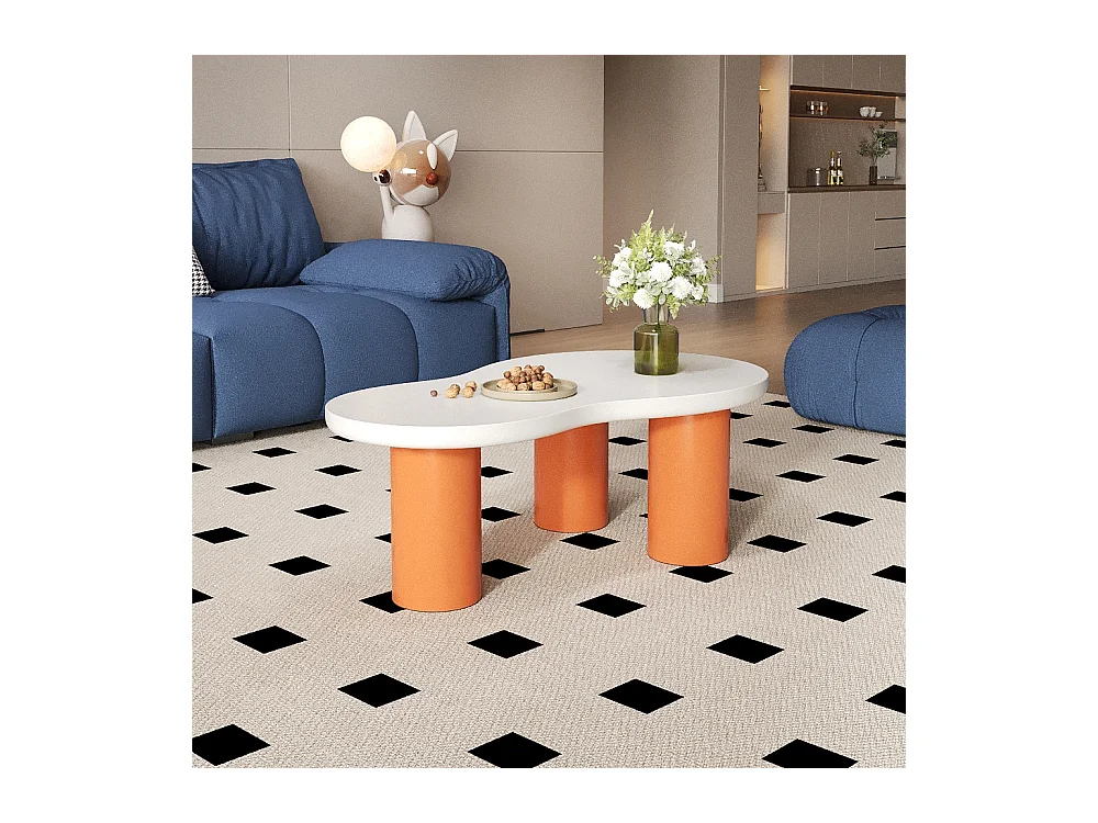Tables basse en forme de nuage - L 99,5 x l 43-58 x H 35.5 cm - plateau en MDF peint et pieds en PVC - Blanc + orange
