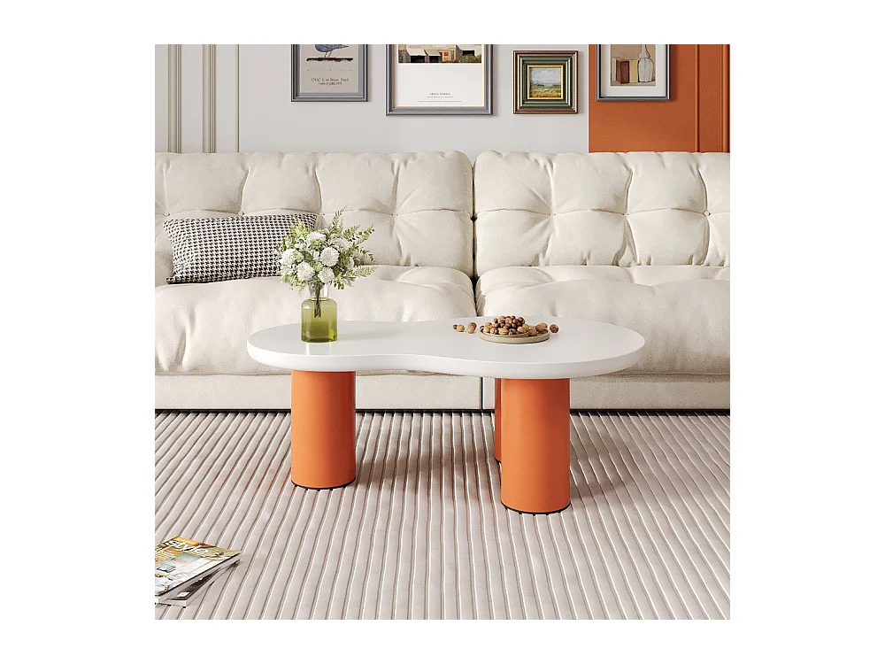 Tables basse en forme de nuage - L 99,5 x l 43-58 x H 35.5 cm - plateau en MDF peint et pieds en PVC - Blanc + orange