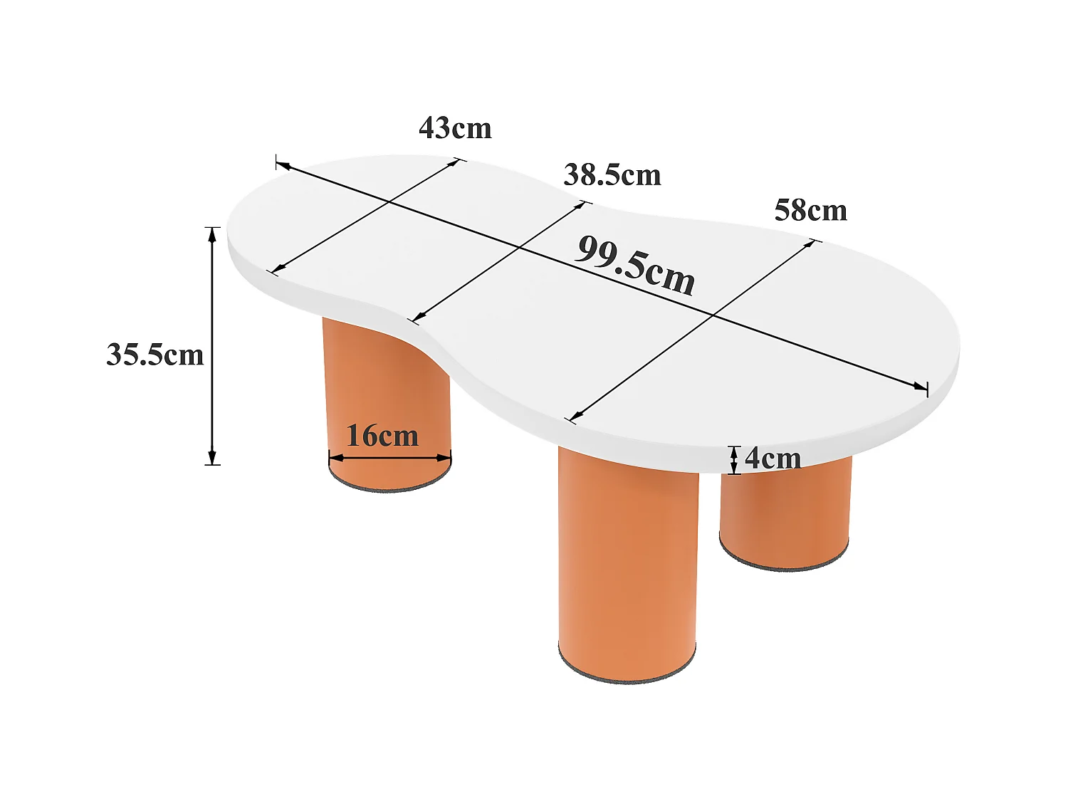 Tables basse en forme de nuage - L 99,5 x l 43-58 x H 35.5 cm - plateau en MDF peint et pieds en PVC - Blanc + orange