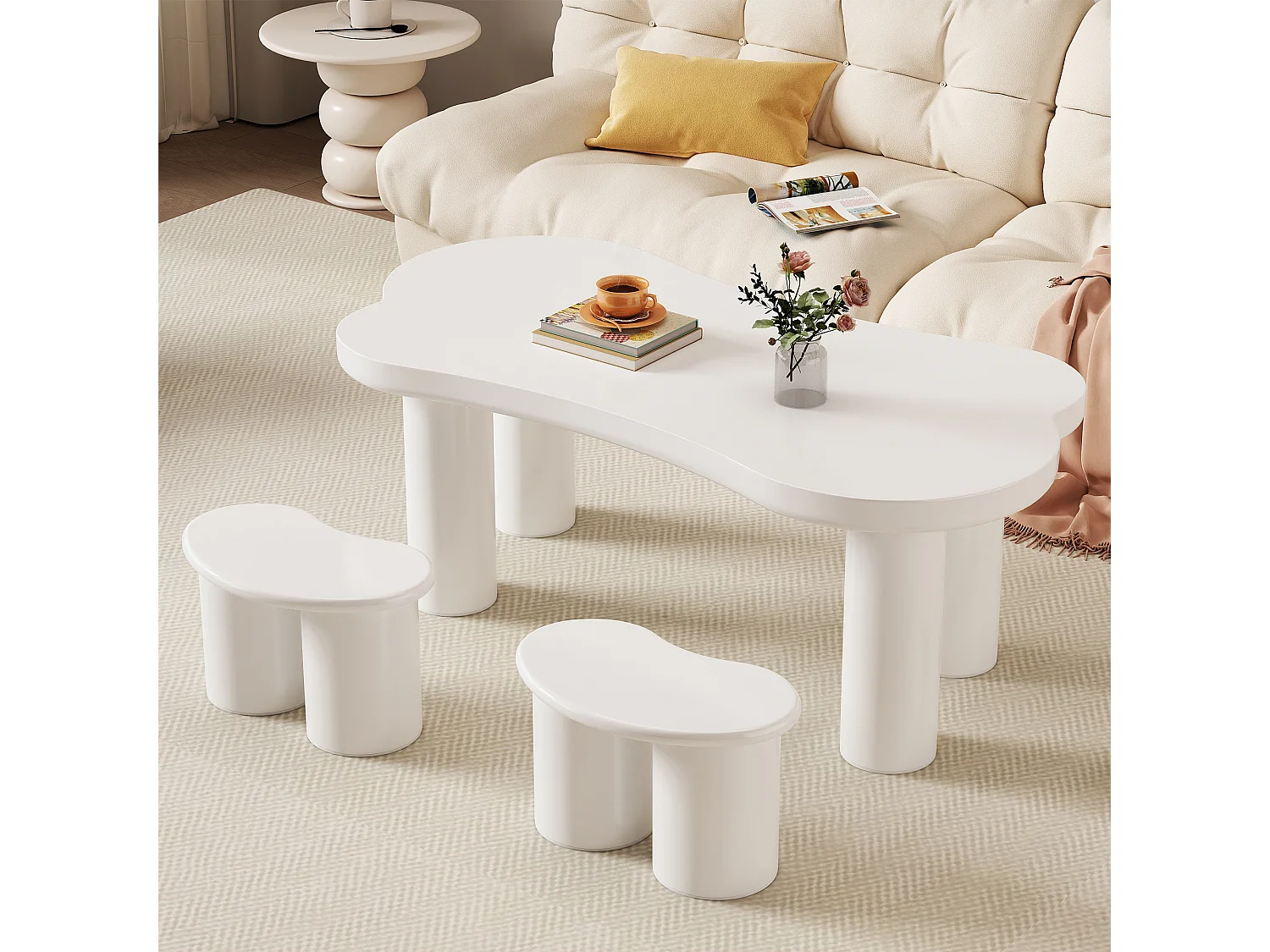 Table basse irrégulière avec 2 petites banquettes - 113 x 58 x 40.5 cm - Plateau MDF et pieds PVC - Blanc