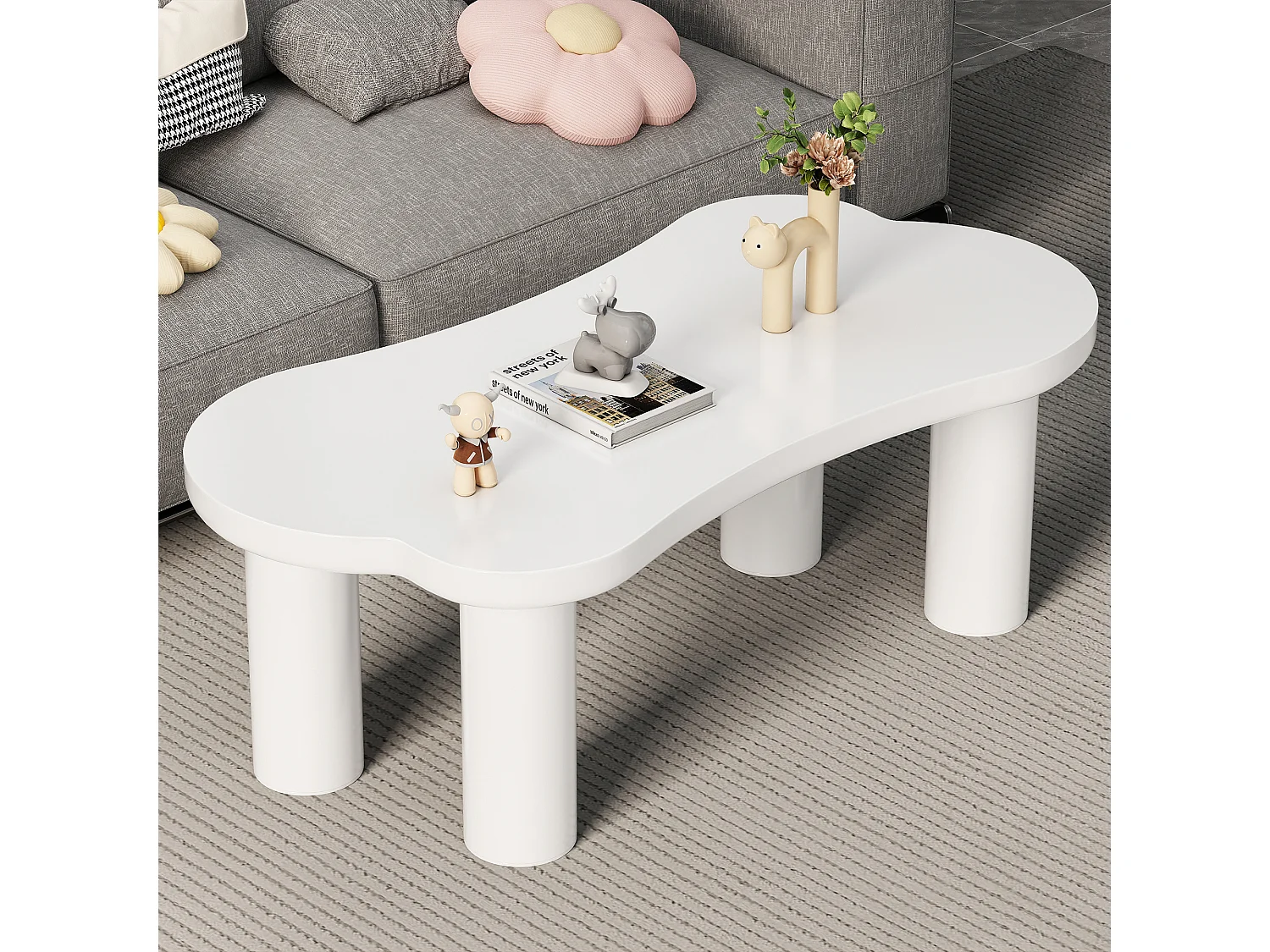 Table basse irrégulière avec 2 petites banquettes - 113 x 58 x 40.5 cm - Plateau MDF et pieds PVC - Blanc