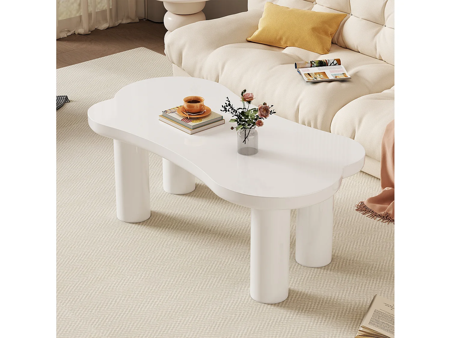 Table basse irrégulière avec 2 petites banquettes - 113 x 58 x 40.5 cm - Plateau MDF et pieds PVC - Blanc
