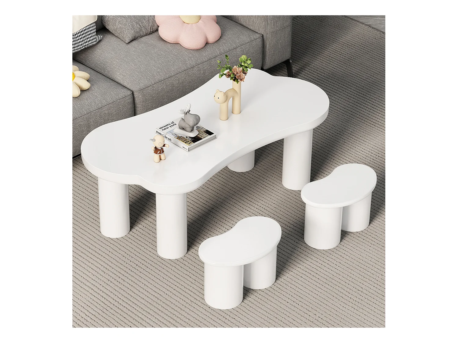 Table basse irrégulière avec 2 petites banquettes - 113 x 58 x 40.5 cm - Plateau MDF et pieds PVC - Blanc