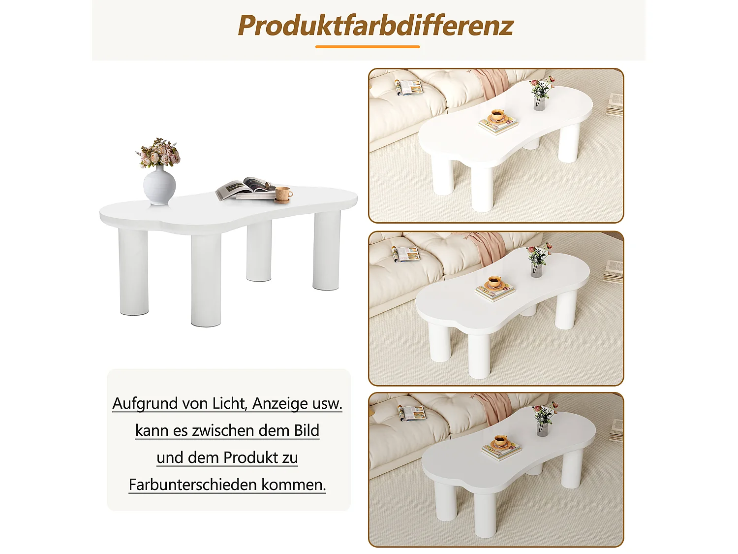 Table basse irrégulière avec 2 petites banquettes - 113 x 58 x 40.5 cm - Plateau MDF et pieds PVC - Blanc
