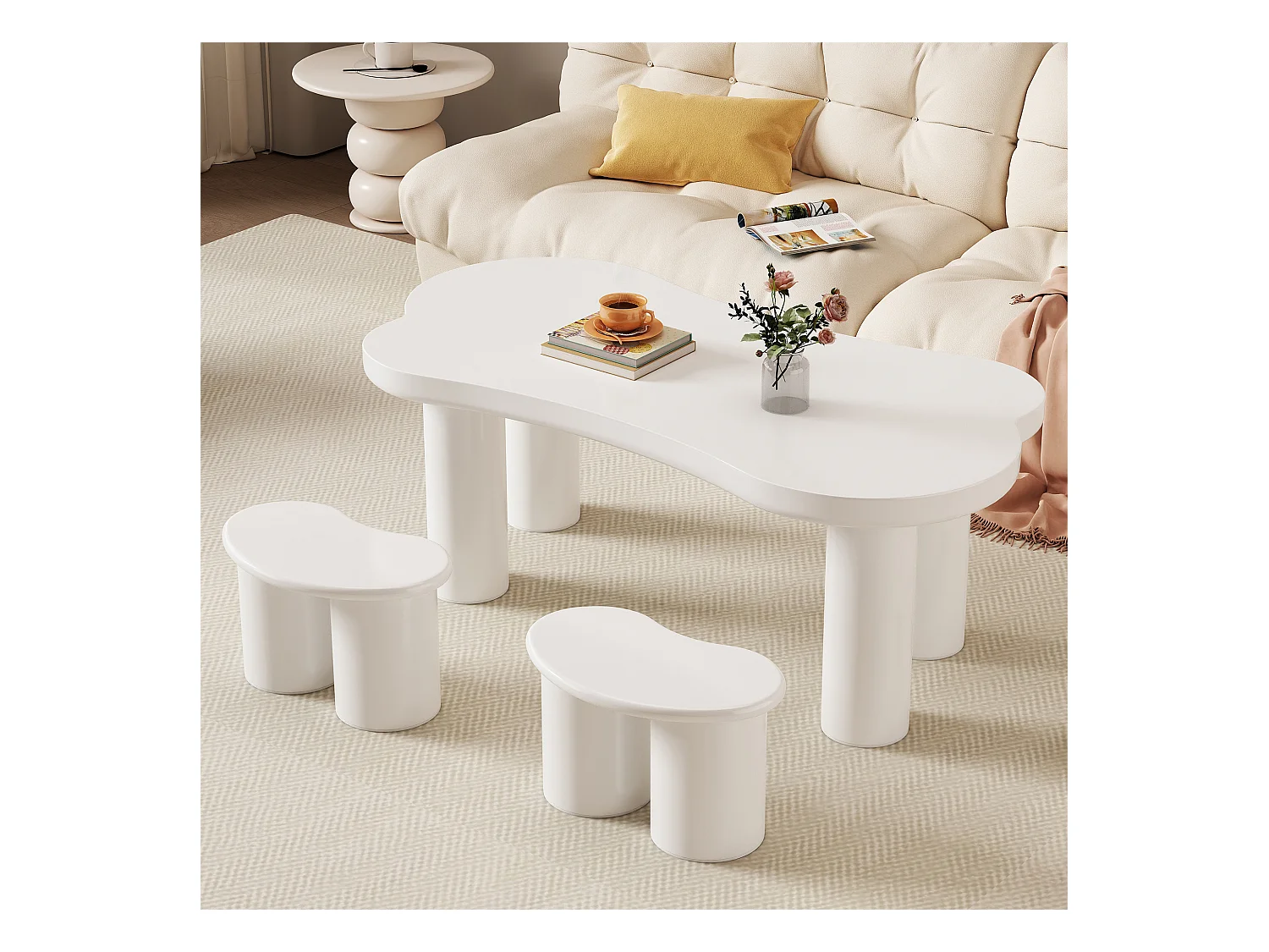 Table basse irrégulière avec 2 petites banquettes - 113 x 58 x 40.5 cm - Plateau MDF et pieds PVC - Blanc