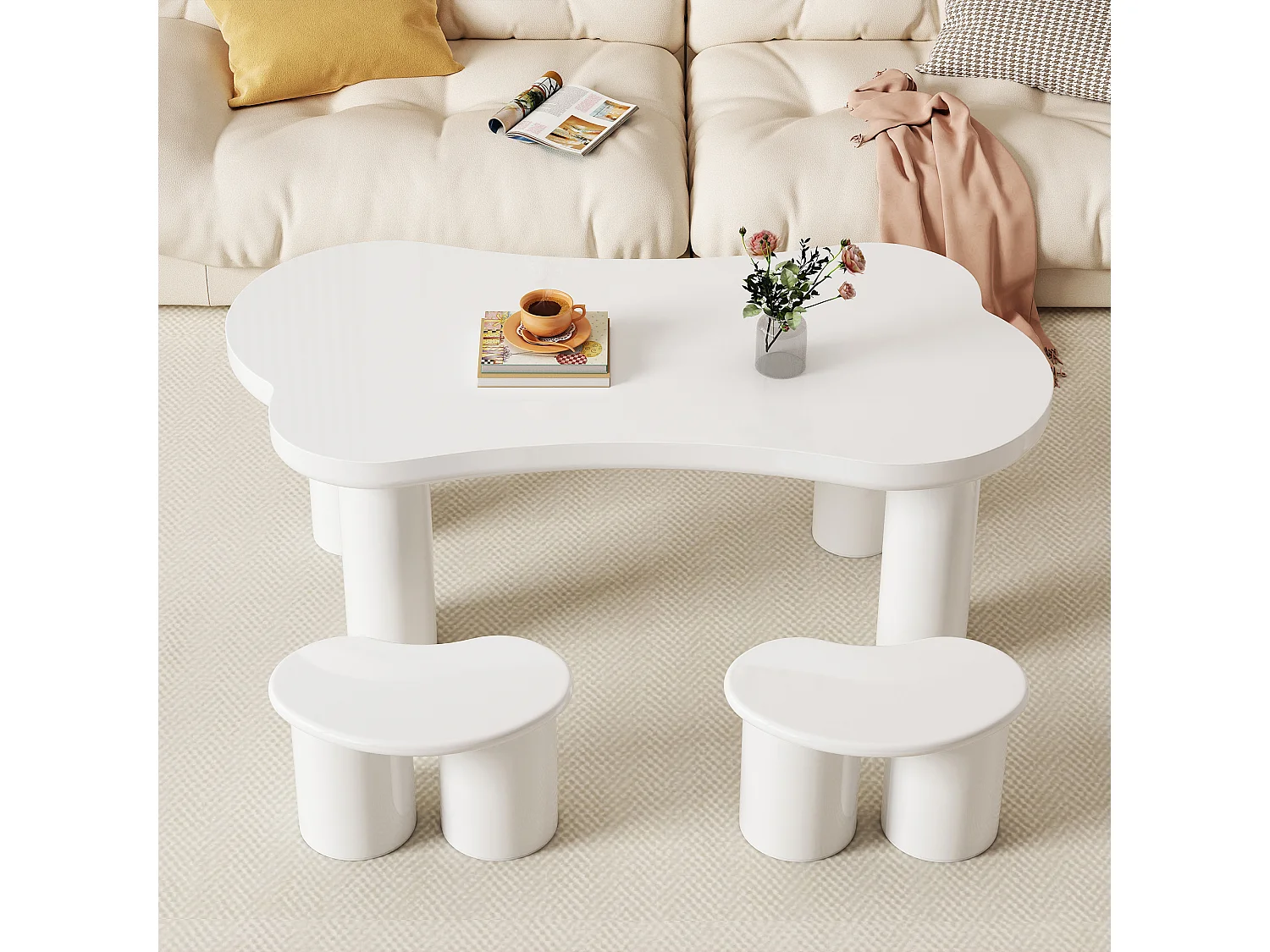 Table basse irrégulière avec 2 petites banquettes - 113 x 58 x 40.5 cm - Plateau MDF et pieds PVC - Blanc