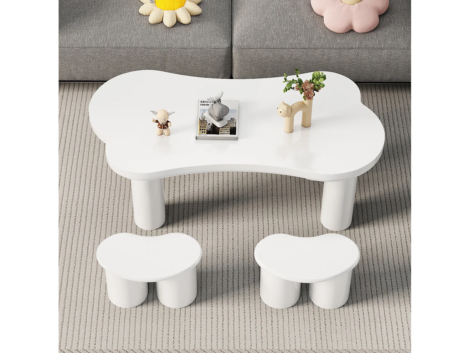 Table basse irrégulière avec 2 petites banquettes - 113 x 58 x 40.5 cm - Plateau MDF et pieds PVC - Blanc