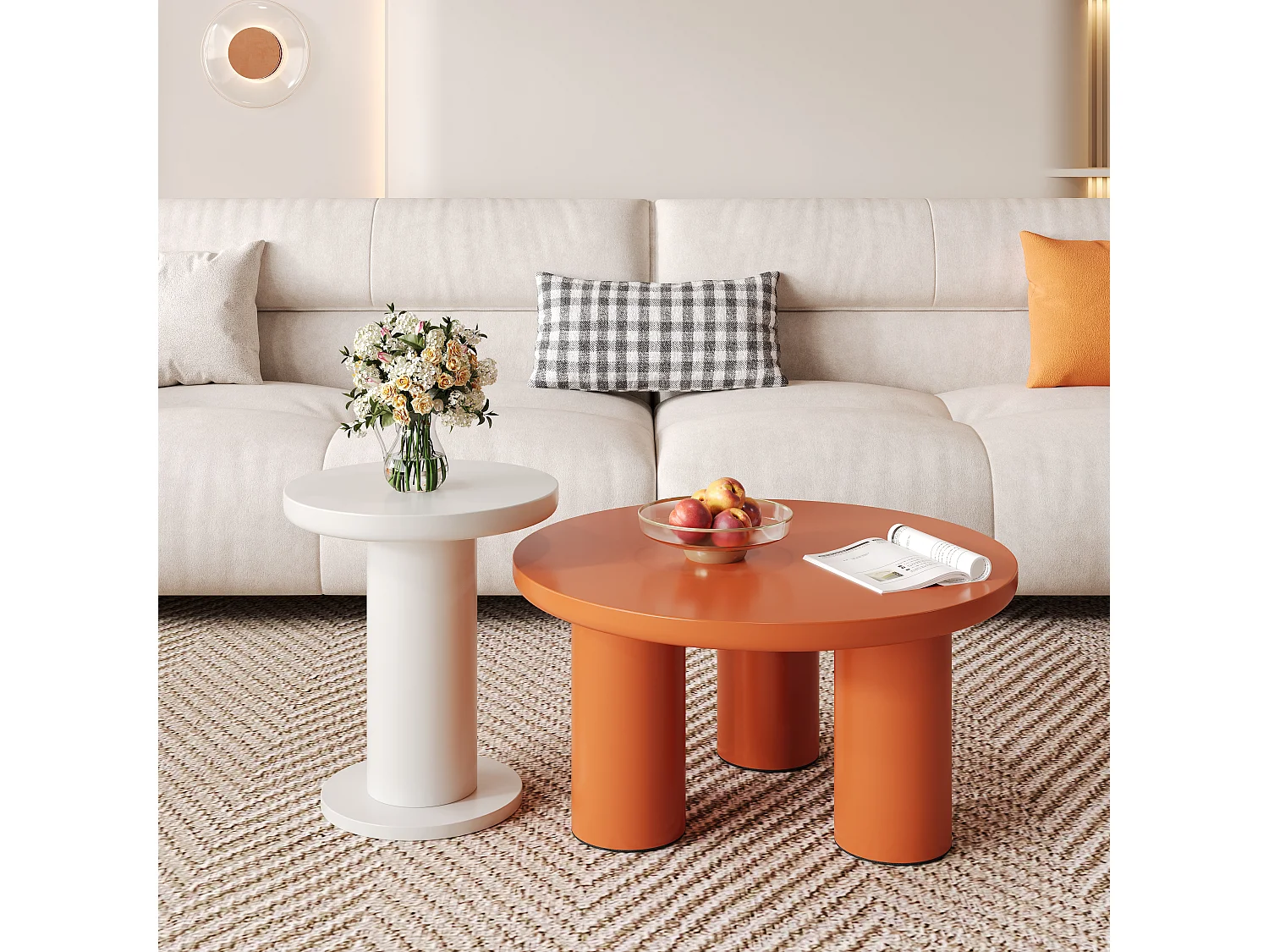 Juego de 2 mesas de centro redondas - P 72,2 x A 35,35 cm + P 39,8 x A 42,2 cm - Madera MDF - Blanco + naranja