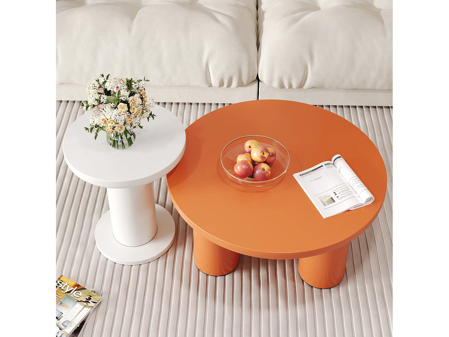 Juego de 2 mesas de centro redondas - P 72,2 x A 35,35 cm + P 39,8 x A 42,2 cm - Madera MDF - Blanco + naranja