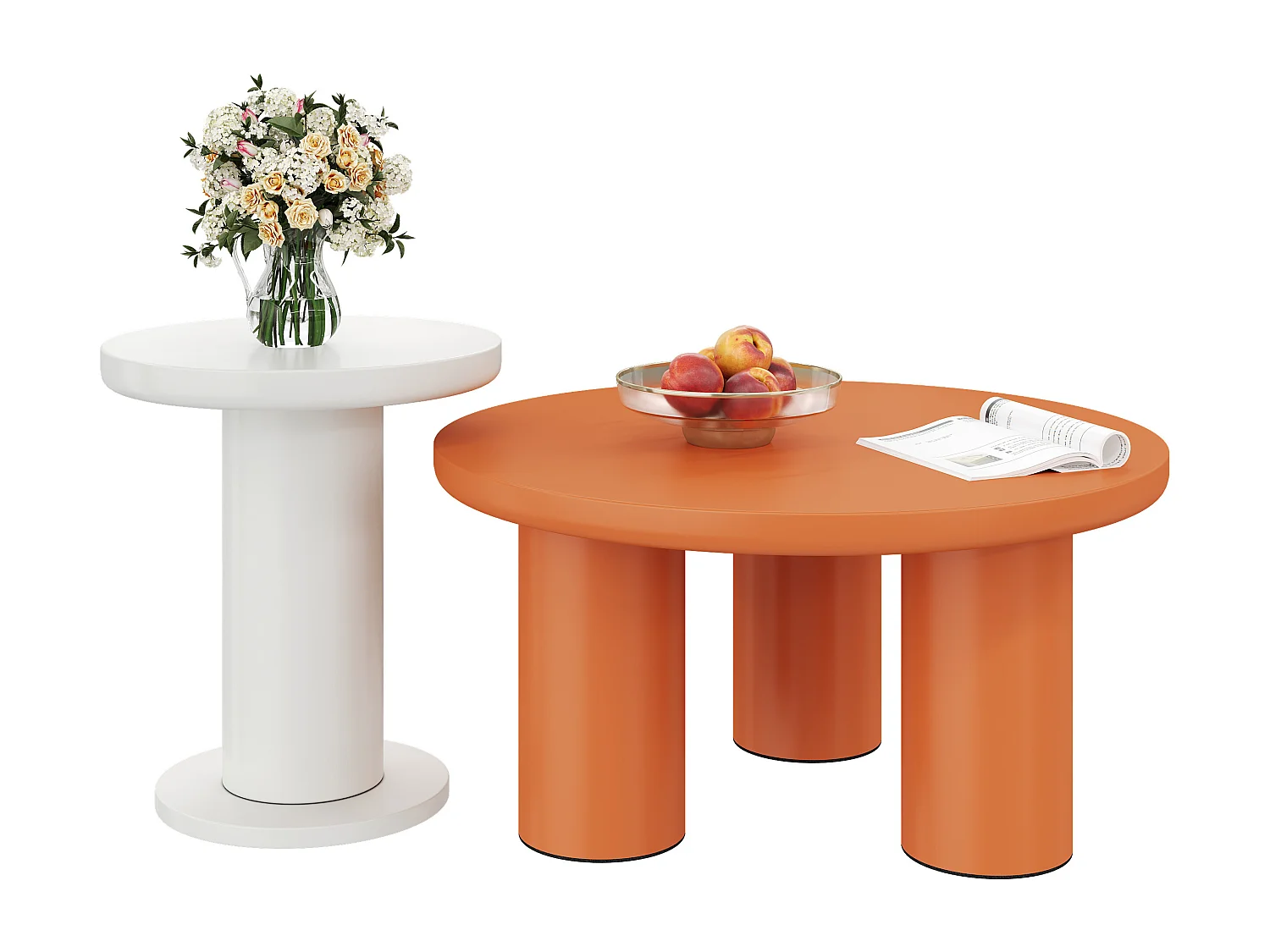 Juego de 2 mesas de centro redondas - P 72,2 x A 35,35 cm + P 39,8 x A 42,2 cm - Madera MDF - Blanco + naranja