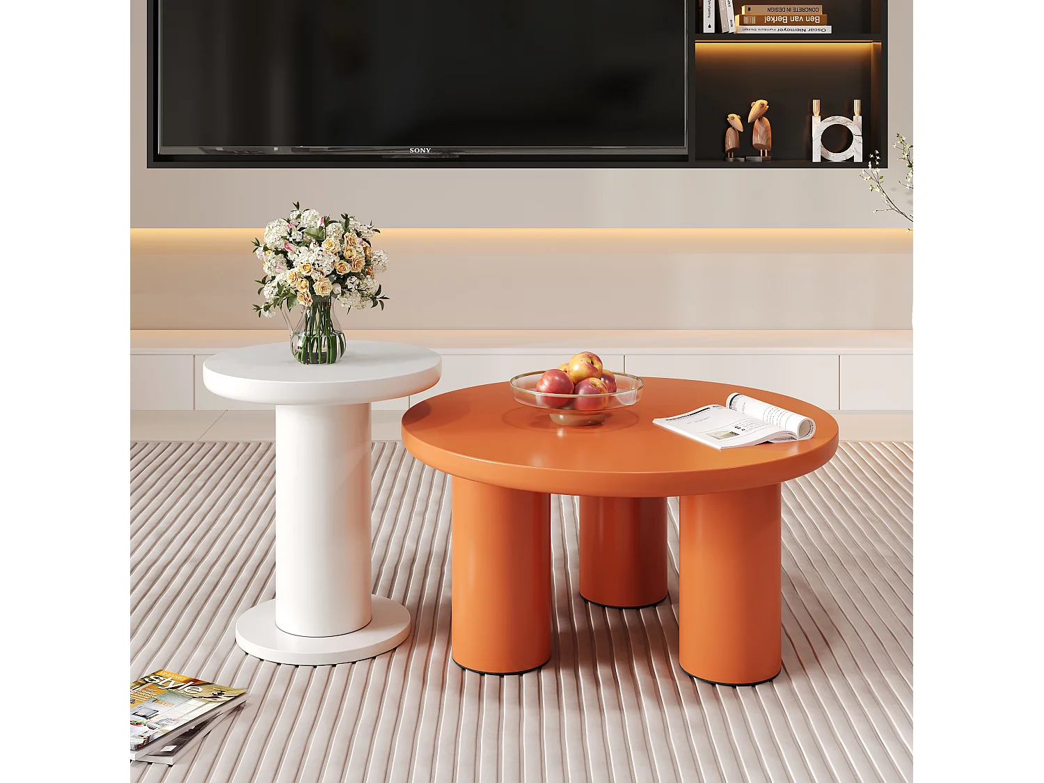 Juego de 2 mesas de centro redondas - P 72,2 x A 35,35 cm + P 39,8 x A 42,2 cm - Madera MDF - Blanco + naranja