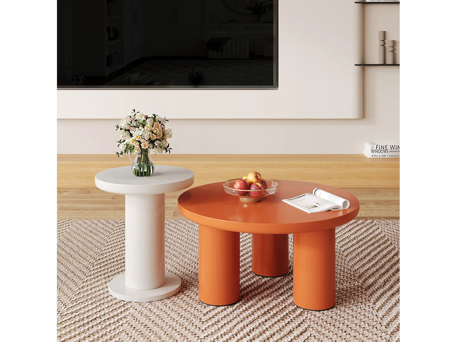 Juego de 2 mesas de centro redondas - P 72,2 x A 35,35 cm + P 39,8 x A 42,2 cm - Madera MDF - Blanco + naranja