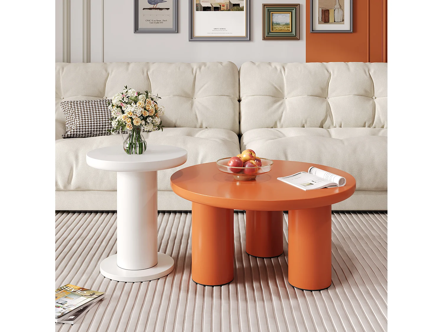 Juego de 2 mesas de centro redondas - P 72,2 x A 35,35 cm + P 39,8 x A 42,2 cm - Madera MDF - Blanco + naranja