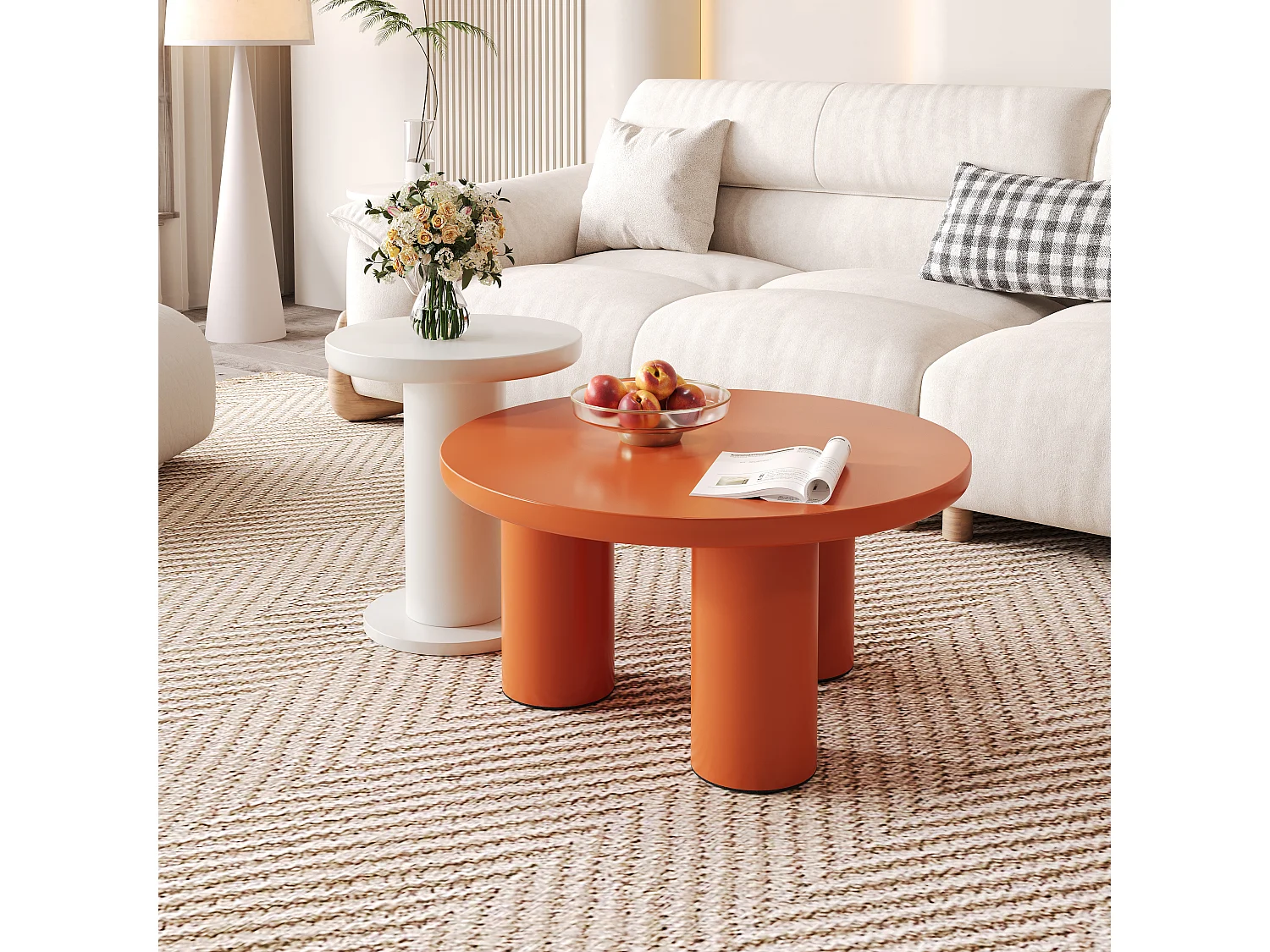 Juego de 2 mesas de centro redondas - P 72,2 x A 35,35 cm + P 39,8 x A 42,2 cm - Madera MDF - Blanco + naranja