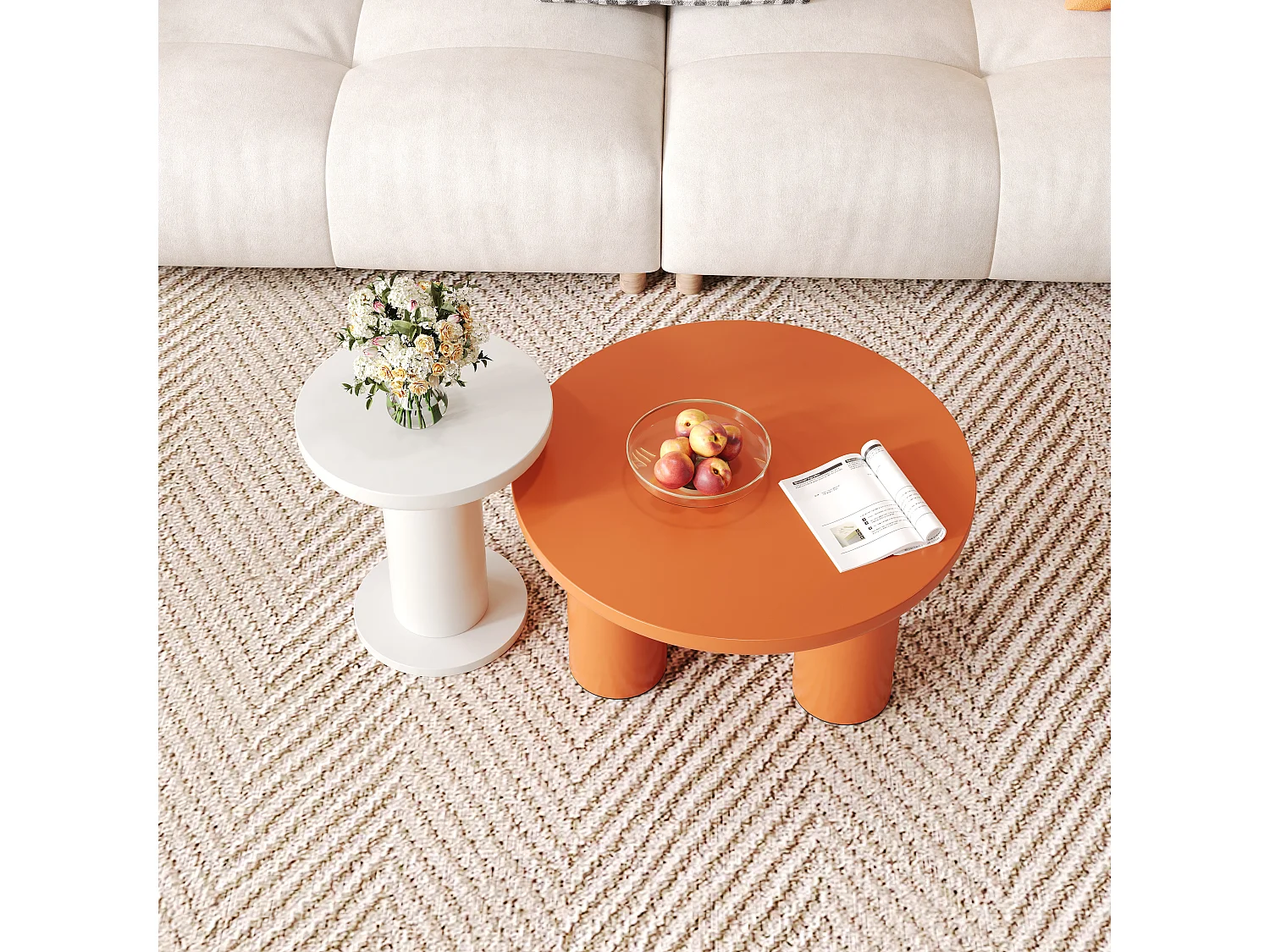 Juego de 2 mesas de centro redondas - P 72,2 x A 35,35 cm + P 39,8 x A 42,2 cm - Madera MDF - Blanco + naranja