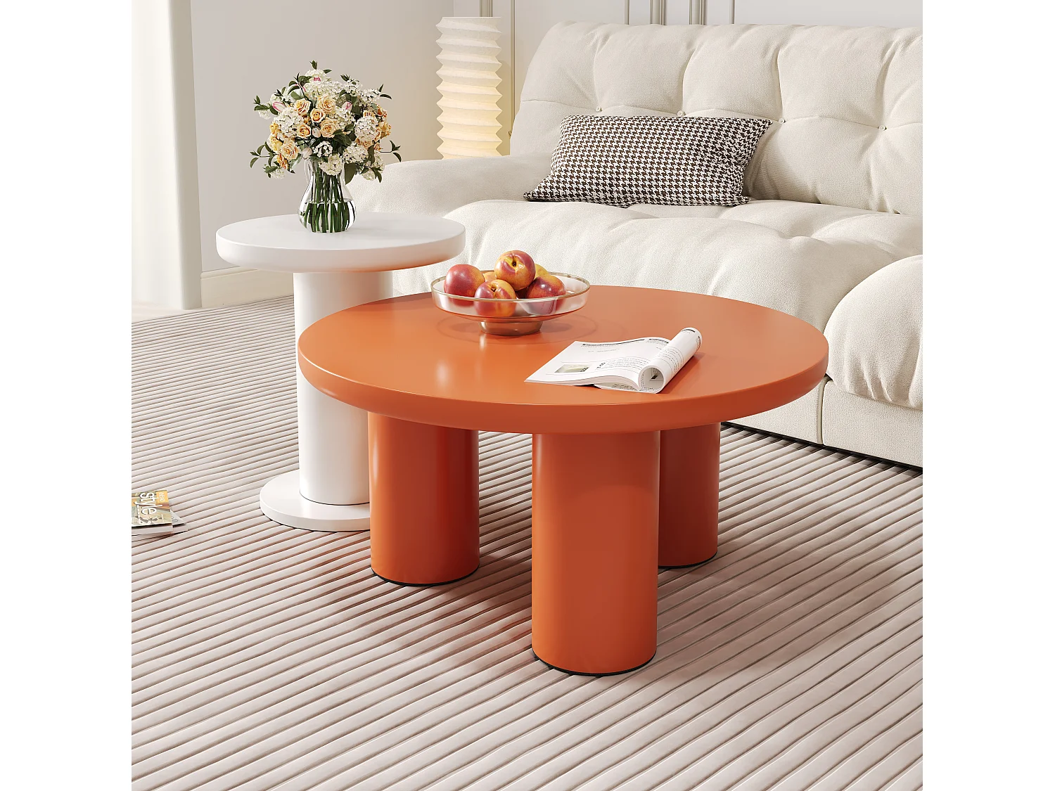 Juego de 2 mesas de centro redondas - P 72,2 x A 35,35 cm + P 39,8 x A 42,2 cm - Madera MDF - Blanco + naranja