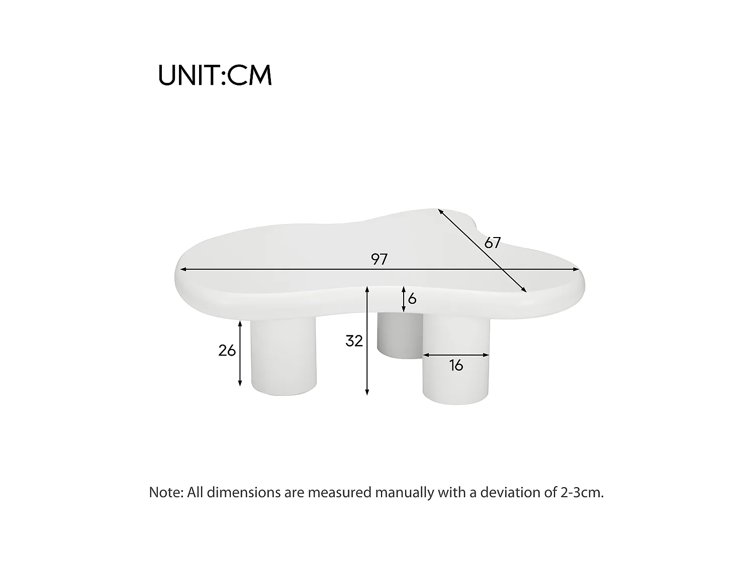 Table basse irrégulière en forme de nuage - 97 x 67 x 32 cm - Plateau MDF - Blanc