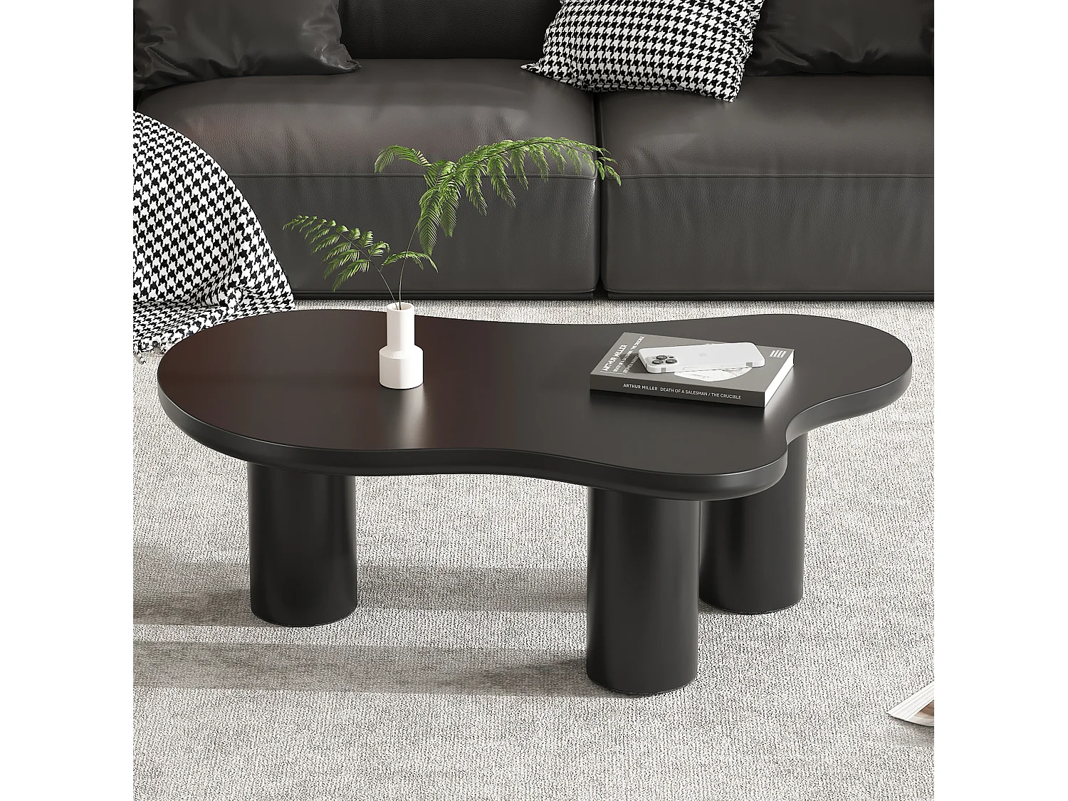 Table basse irrégulière en forme de nuage - 107 x 66 x 40.5 cm - Plateau en MDF et pieds en PVC - Noir