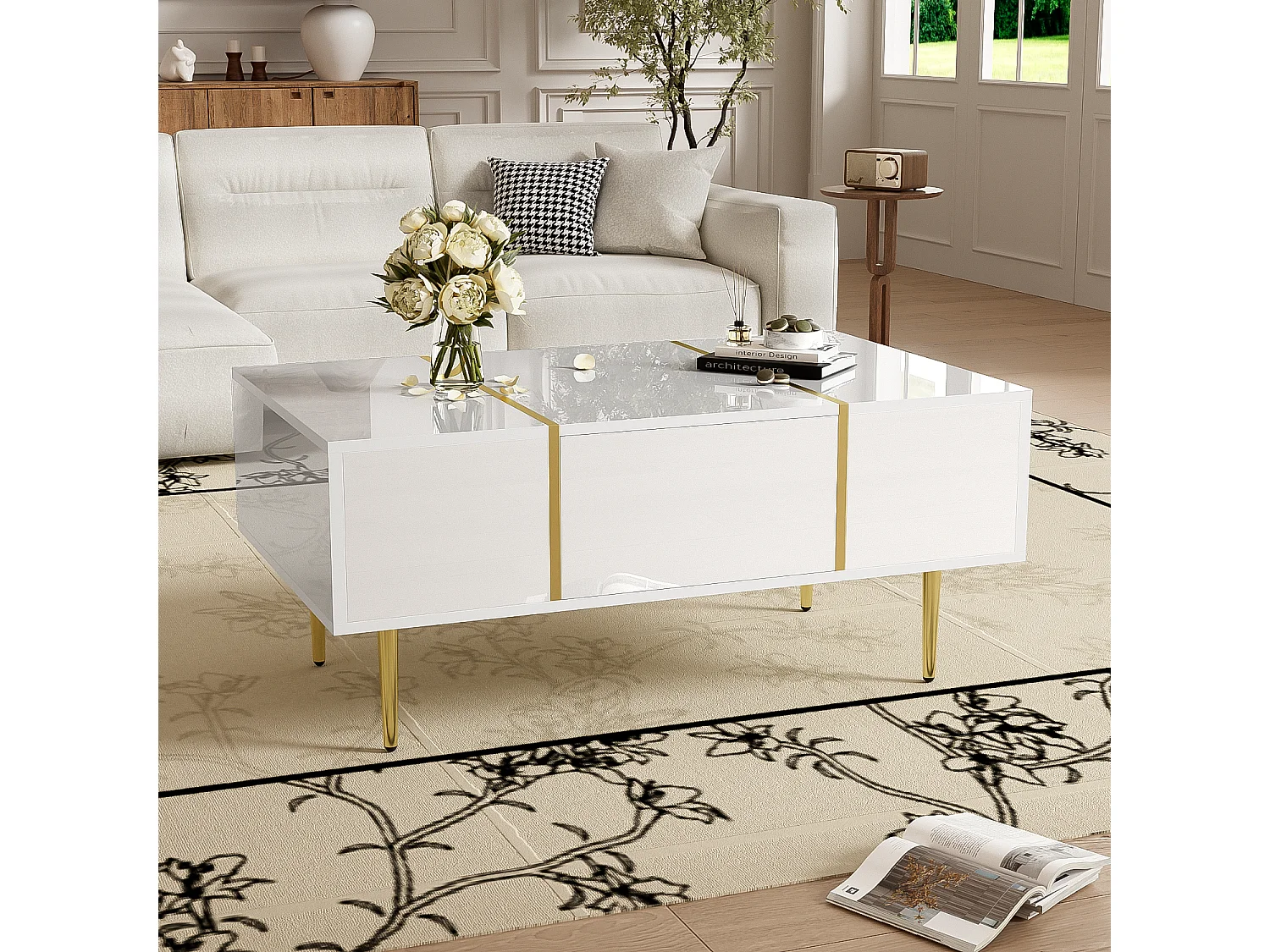 Tavolino moderno con 2 cassetti - 100 L x 60 L x 41,5 H cm - Legno MDF - Bianco lucido