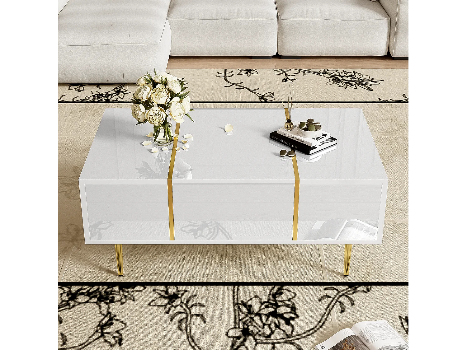 Moderne salontafel met 2 laden - 100 L x 60 B x 41,5 H cm - MDF hout - Glanzend wit