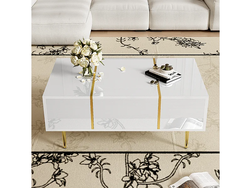 Table basse moderne avec 2 tiroirs - 100 L x 60 l x 41.5 H cm - Bois MDF - Blanc brillant