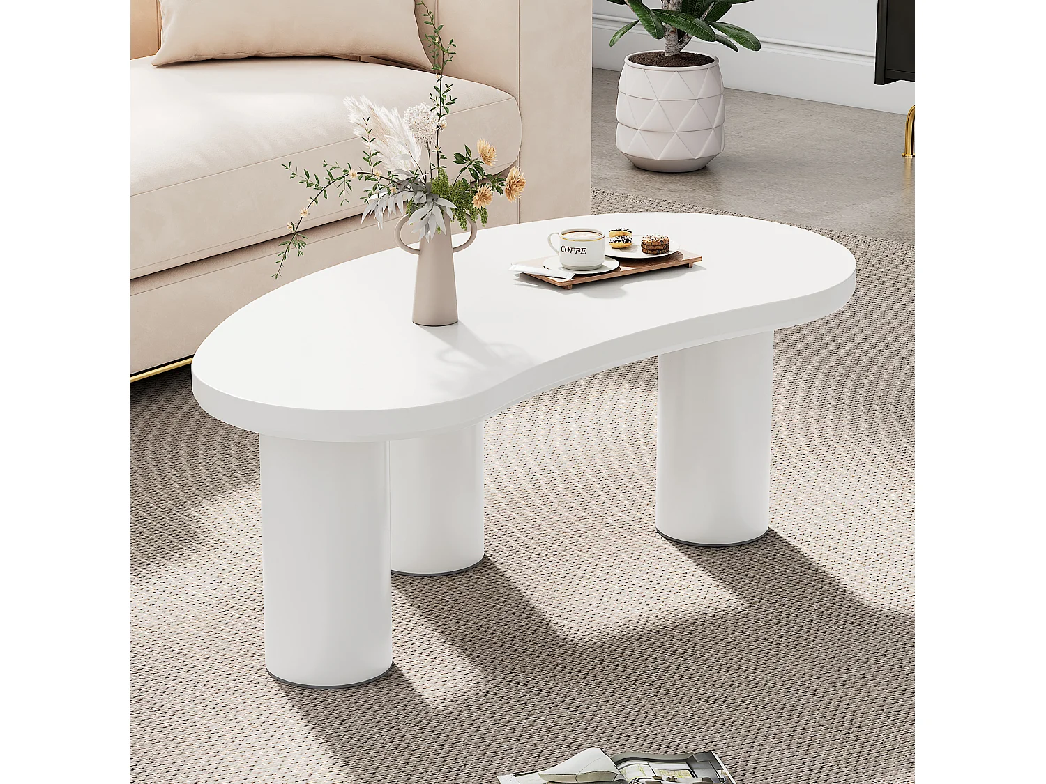 Table basse irrégulière avec base en feutre - 107 x 57 x 40.5 cm - Plateau MDF et pieds PVC - Blanc