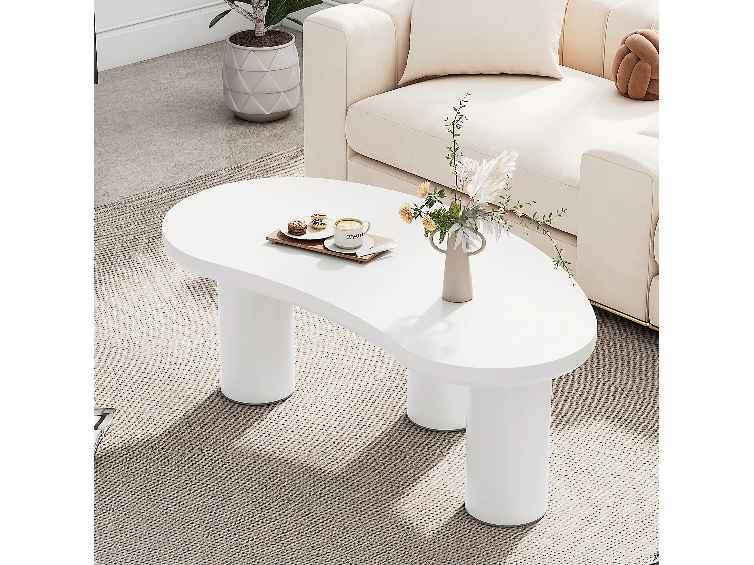 Table basse irrégulière avec base en feutre - 107 x 57 x 40.5 cm - Plateau MDF et pieds PVC - Blanc