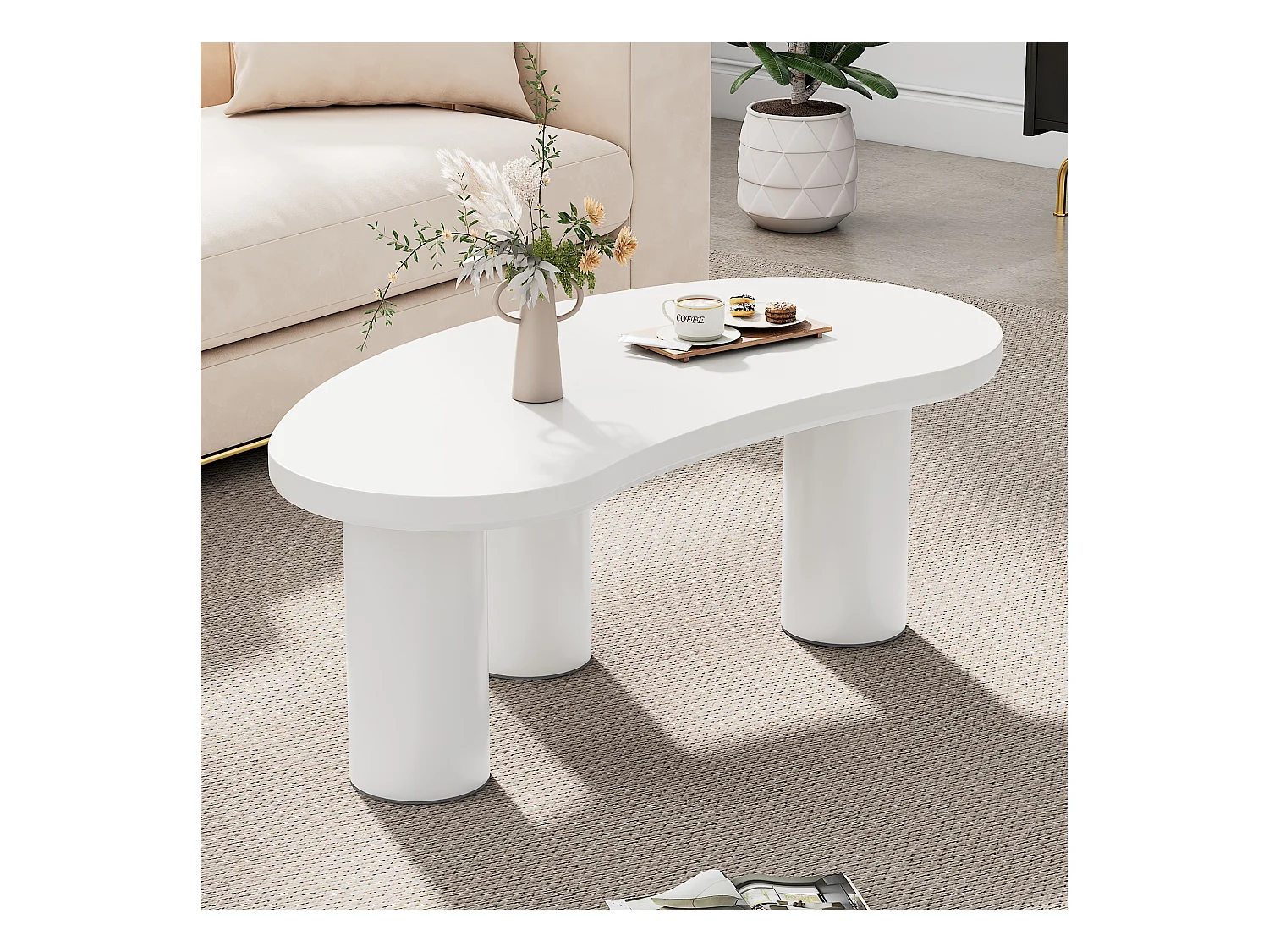 Table basse irrégulière avec base en feutre - 107 x 57 x 40.5 cm - Plateau MDF et pieds PVC - Blanc