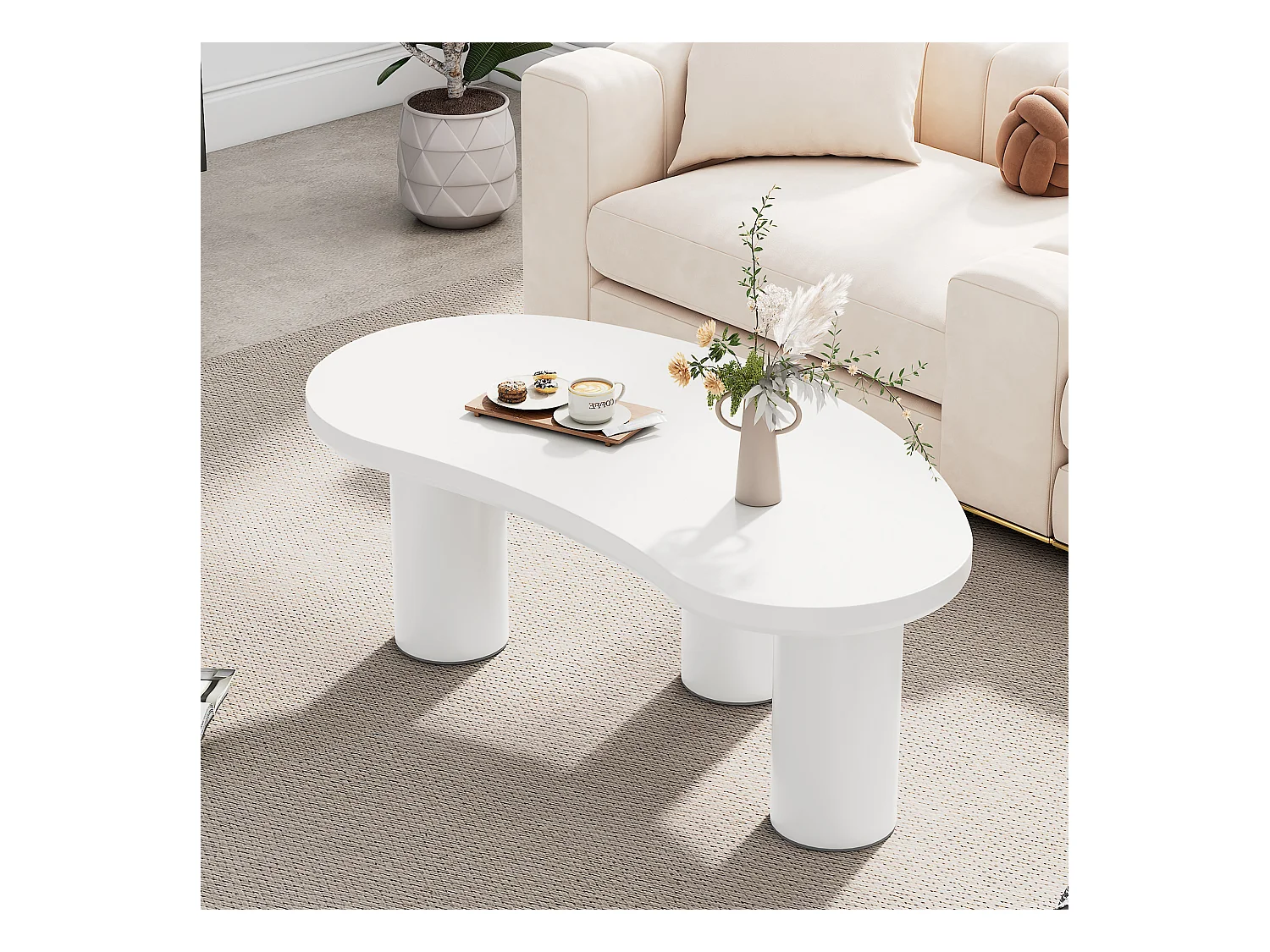 Table basse irrégulière avec base en feutre - 107 x 57 x 40.5 cm - Plateau MDF et pieds PVC - Blanc