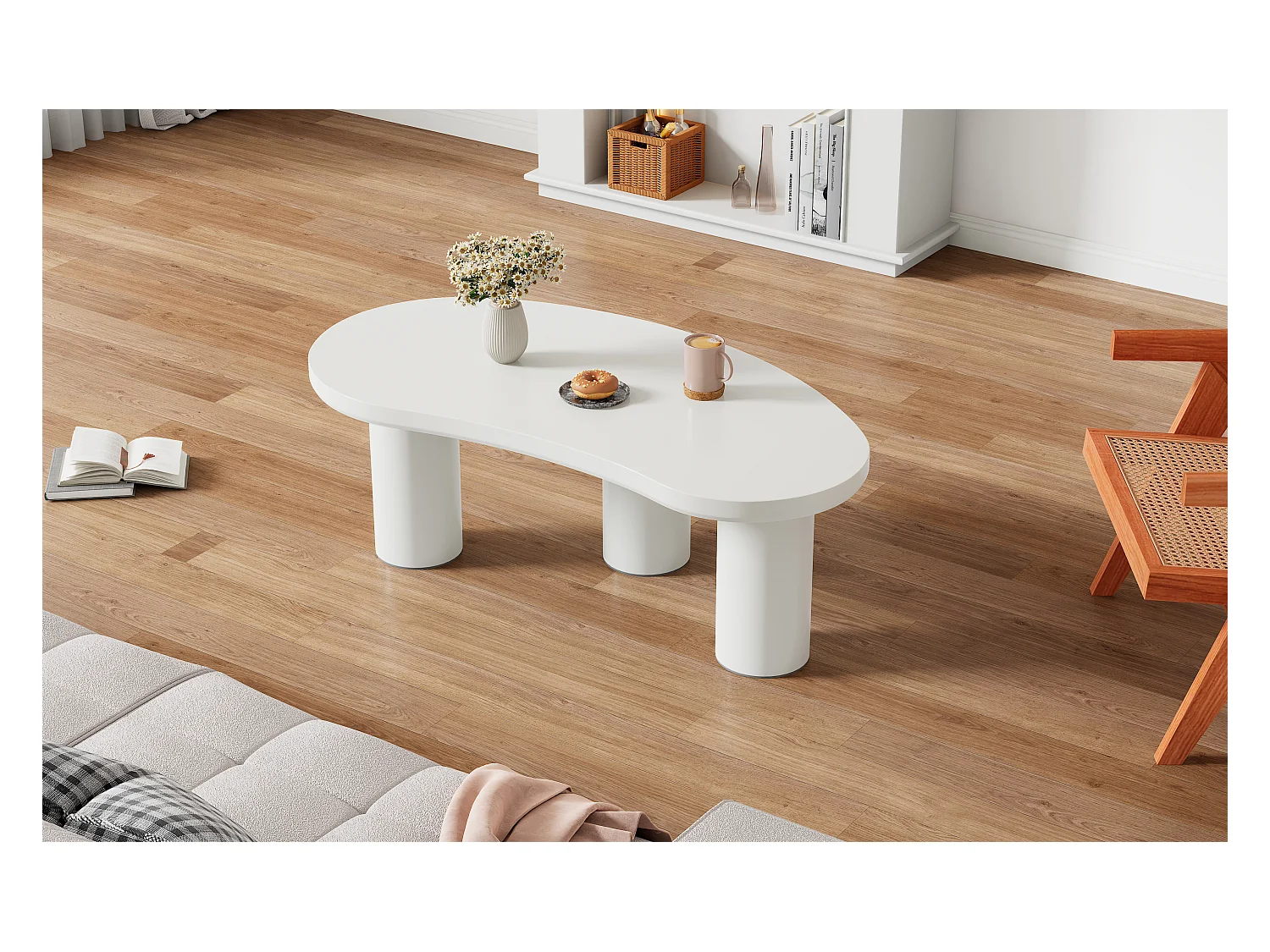 Table basse irrégulière avec base en feutre - 107 x 57 x 40.5 cm - Plateau MDF et pieds PVC - Blanc