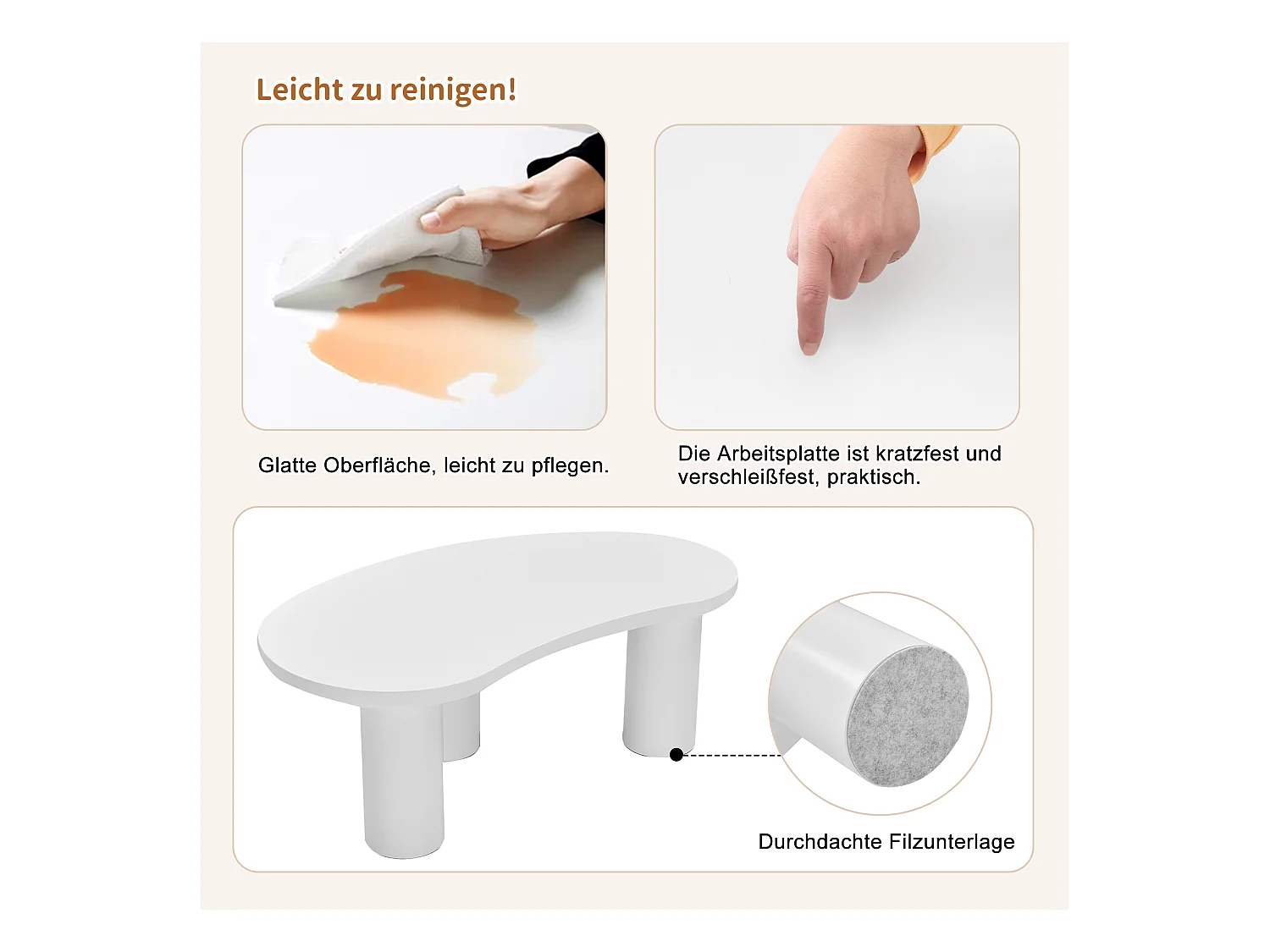 Table basse irrégulière avec base en feutre - 107 x 57 x 40.5 cm - Plateau MDF et pieds PVC - Blanc