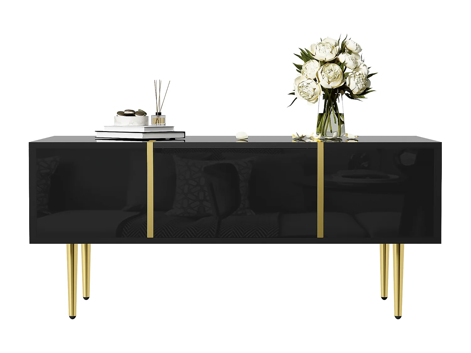 Table basse moderne avec 2 tiroirs - 100 L x 60 l x 41.5 H cm - Bois MDF - Noir brillant