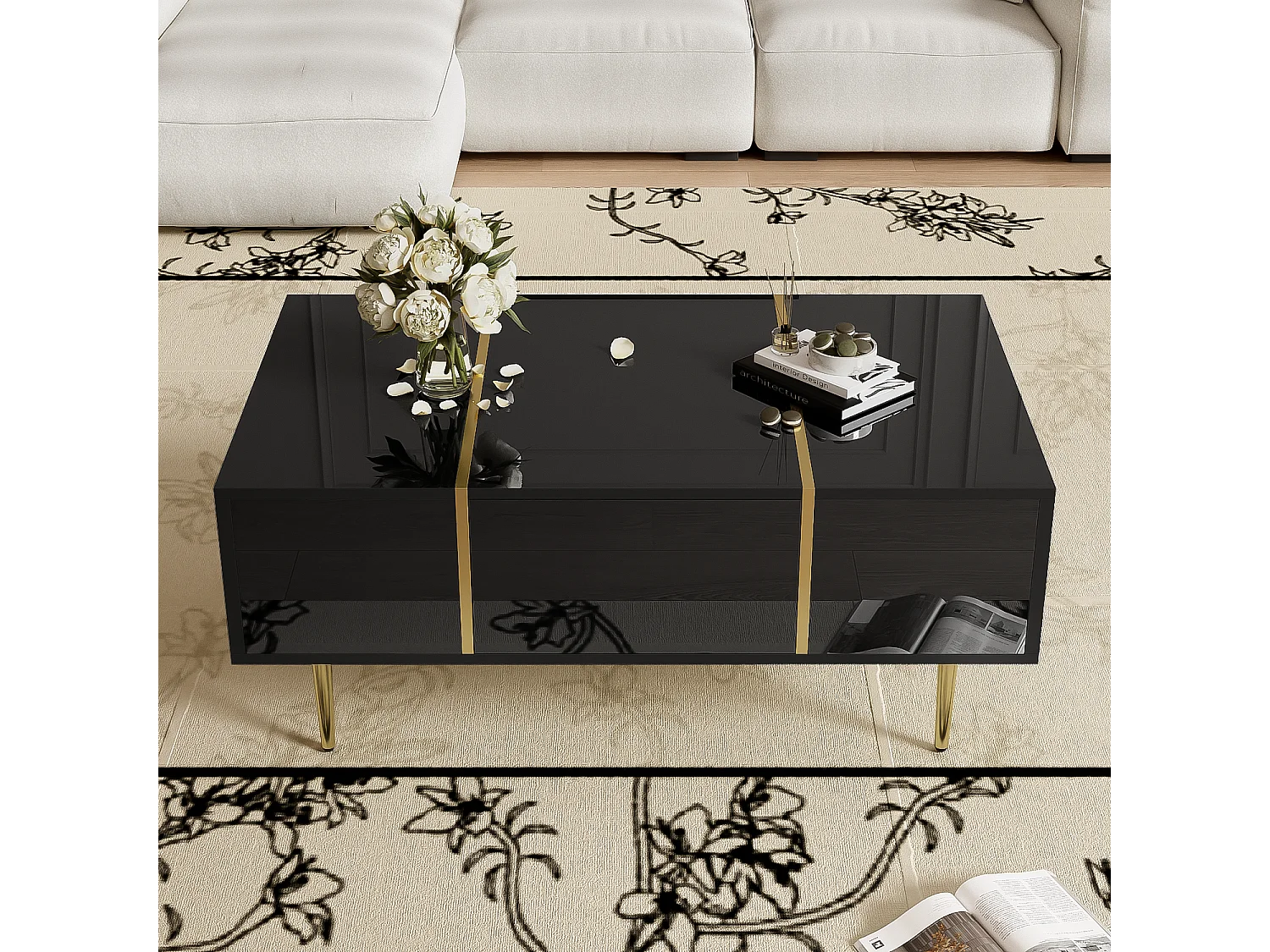 Moderne salontafel met 2 laden - 100 L x 60 B x 41,5 H cm - MDF hout - Glanzend zwart