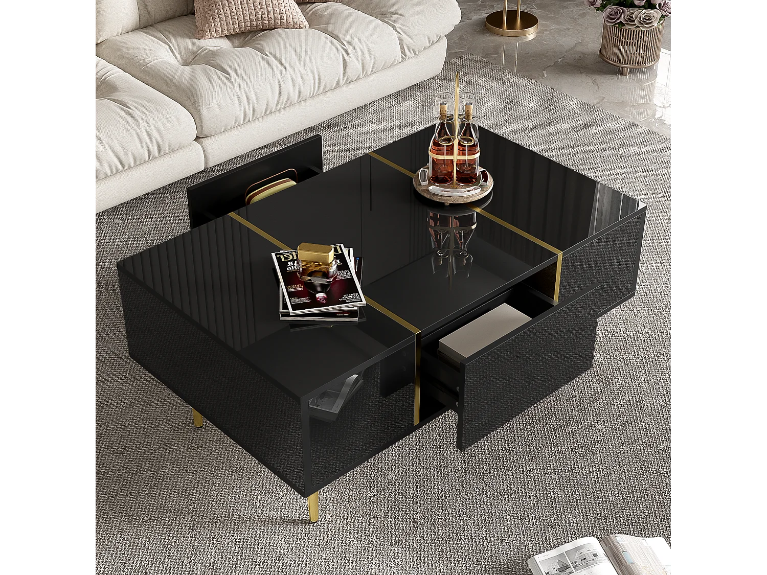 Moderne salontafel met 2 laden - 100 L x 60 B x 41,5 H cm - MDF hout - Glanzend zwart