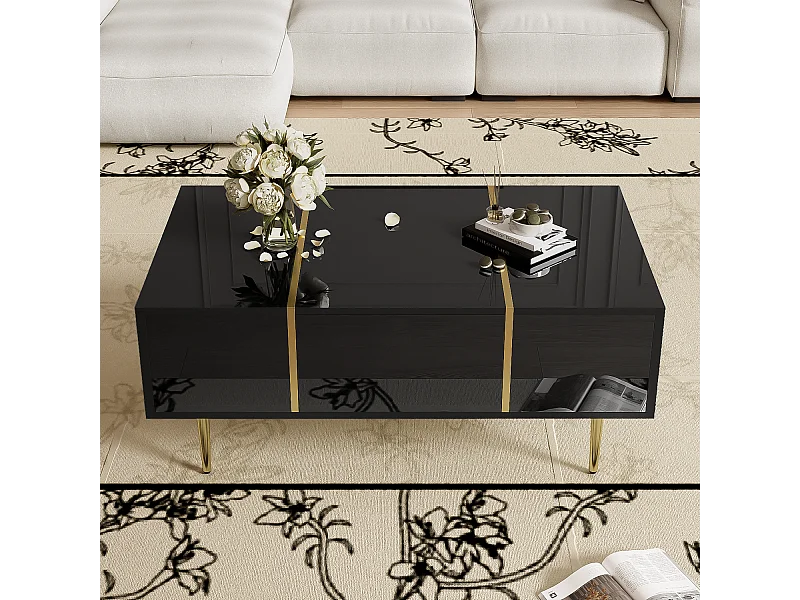 Table basse moderne avec 2 tiroirs - 100 L x 60 l x 41.5 H cm - Bois MDF - Noir brillant