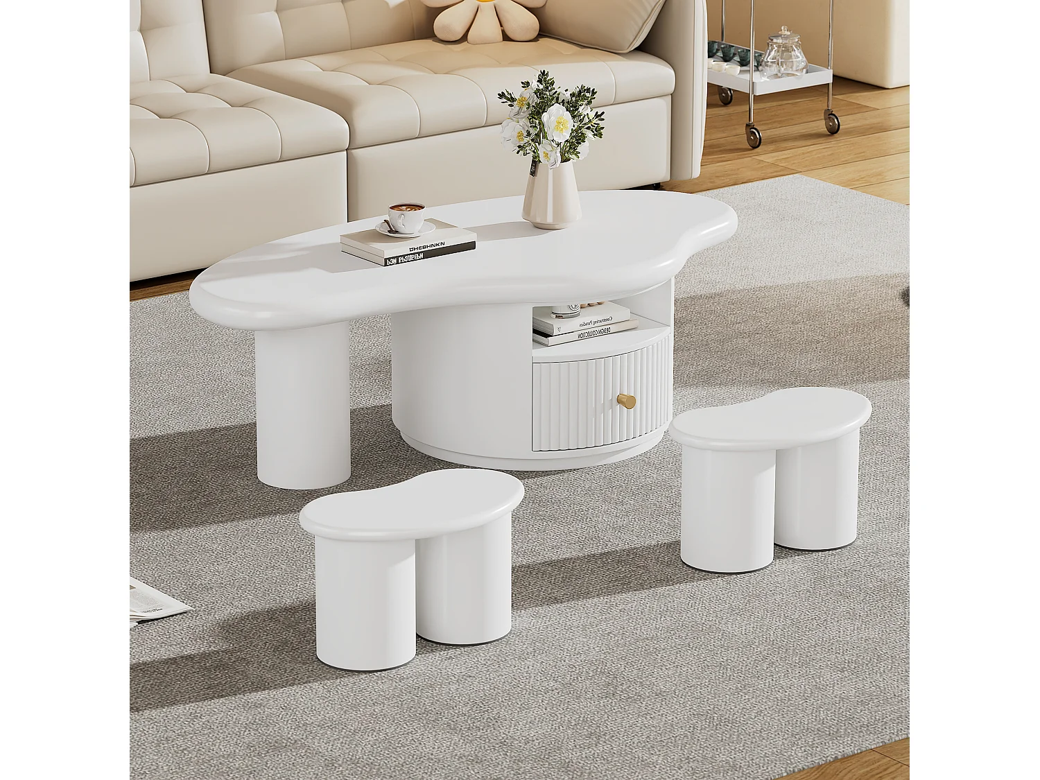 Nieregularny stolik kawowy z 2 stołkami, 1 szufladą i otwartą przegrodą - 110 x 60 x 37,5 cm - blat MDF - biały